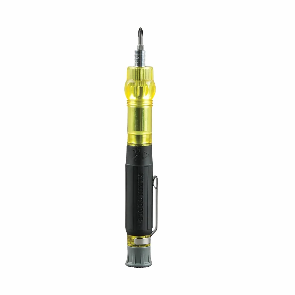 Klein Tools 32613 Precyzyjny śrubokręt, precyzyjny śrubokręt kieszonkowy HVAC 3 w 1 z bitem Schradera, żółty/czarny