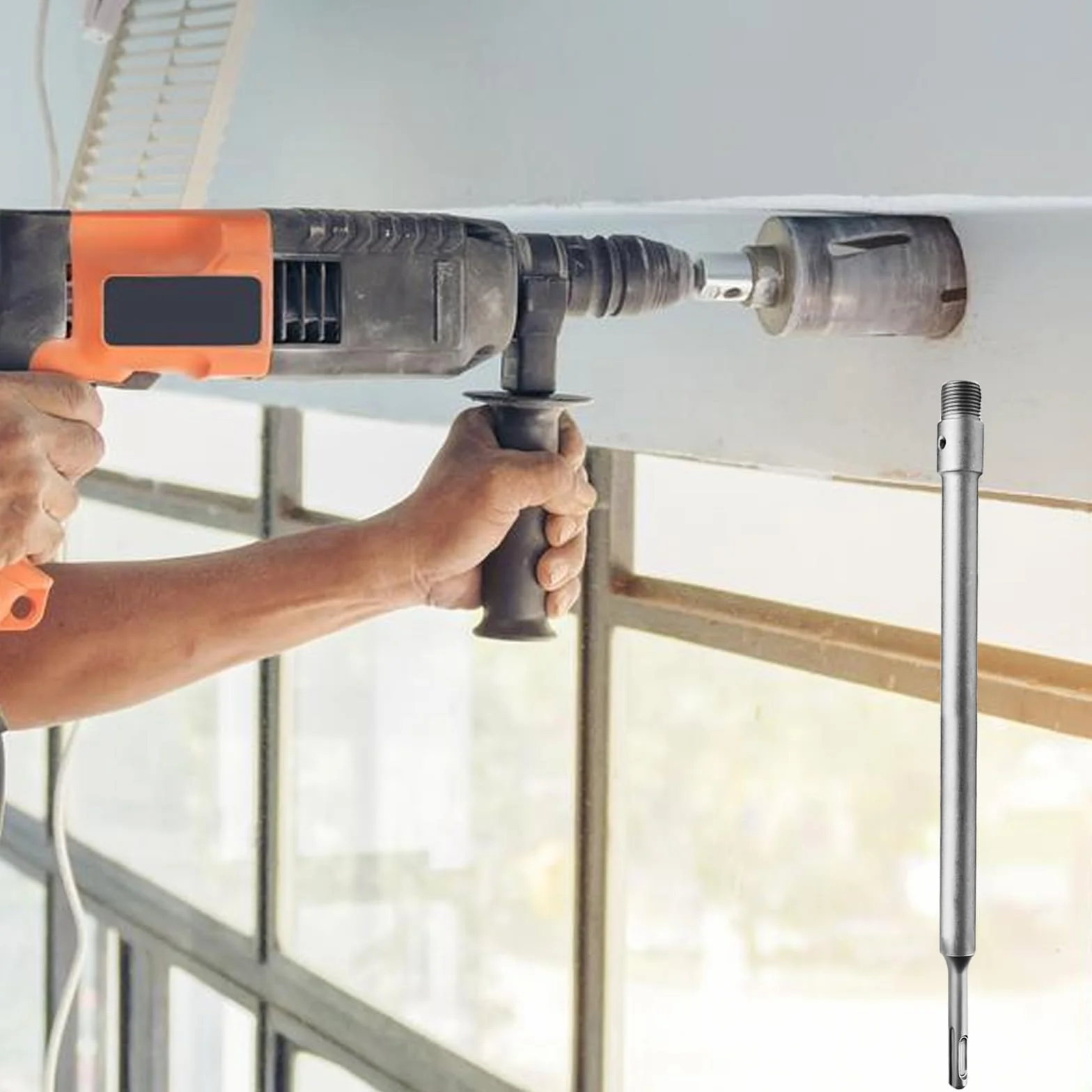 SDS PLUS przedłużacz trzpienia do koron, 410 mm SDS Plus przedłużacz do wierteł rdzeniowych, drążek przedłużający do wiertła z gwintem M22 x 2,0 mm, wiertło centrujące i śruba mocująca
