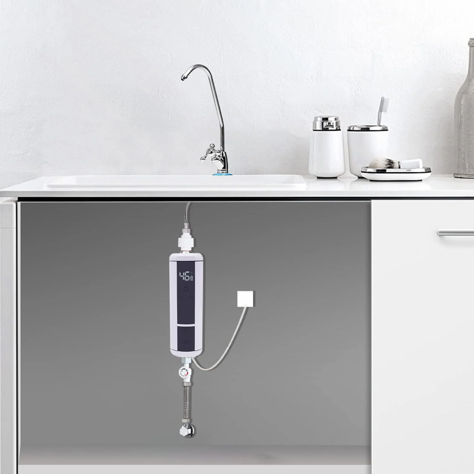 Mini podgrzewacz przepływowy, elektroniczny termostat, natychmiastowa gotowość do ciepłej wody 30-52℃, 3500 W, tworzywo ABS, ze wskaźnikiem temperatury LED, do łazienki, kuchni, biały