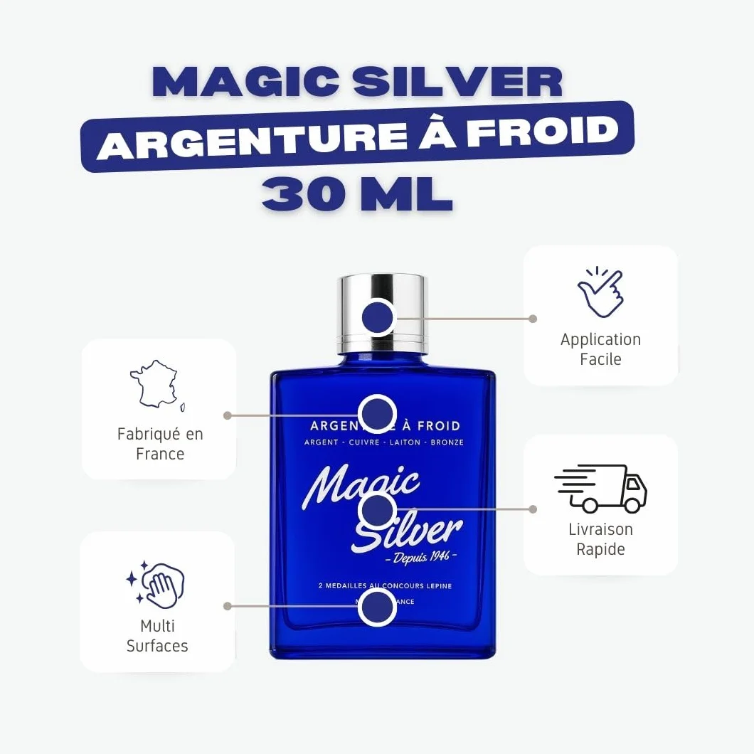 Srebro na zimno - Magic Silver - Srebrne srebro do biżuterii, 30 ml, wyprodukowano we Francji, środek do czyszczenia srebra, środek do czyszczenia biżuterii, środek do czyszczenia srebra i biżuterii