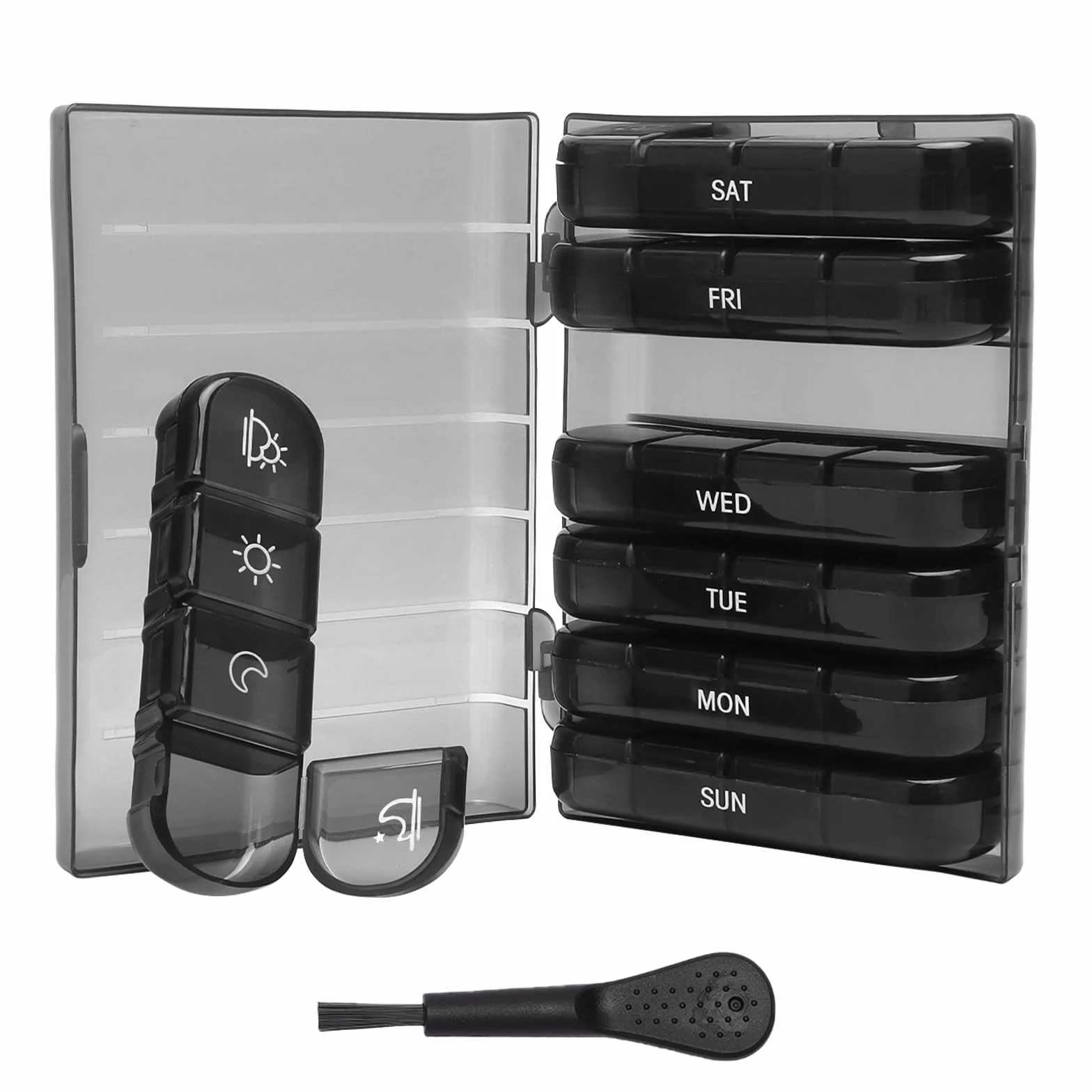 Pudełko na tabletki, 7 dni, 28 przegródek, bez BPA, z czarnym etui i mini szczotką, pudełko na tabletki 7 dni rano w południe, wieczorem, duże przegródki, pudełko na suplement do podróży i na co dzień