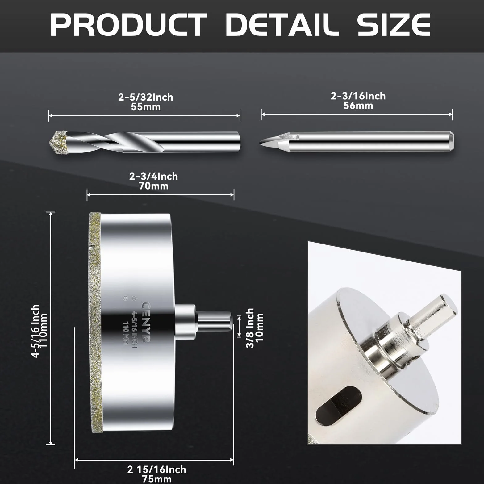 Otwornica diamentowa 110 mm z wiertłem centralnym i diamentowym wiertłem centralnym do szkła ceramicznego, marmuru, włókna szklanego, granitu i płytek porcelanowych CENYB