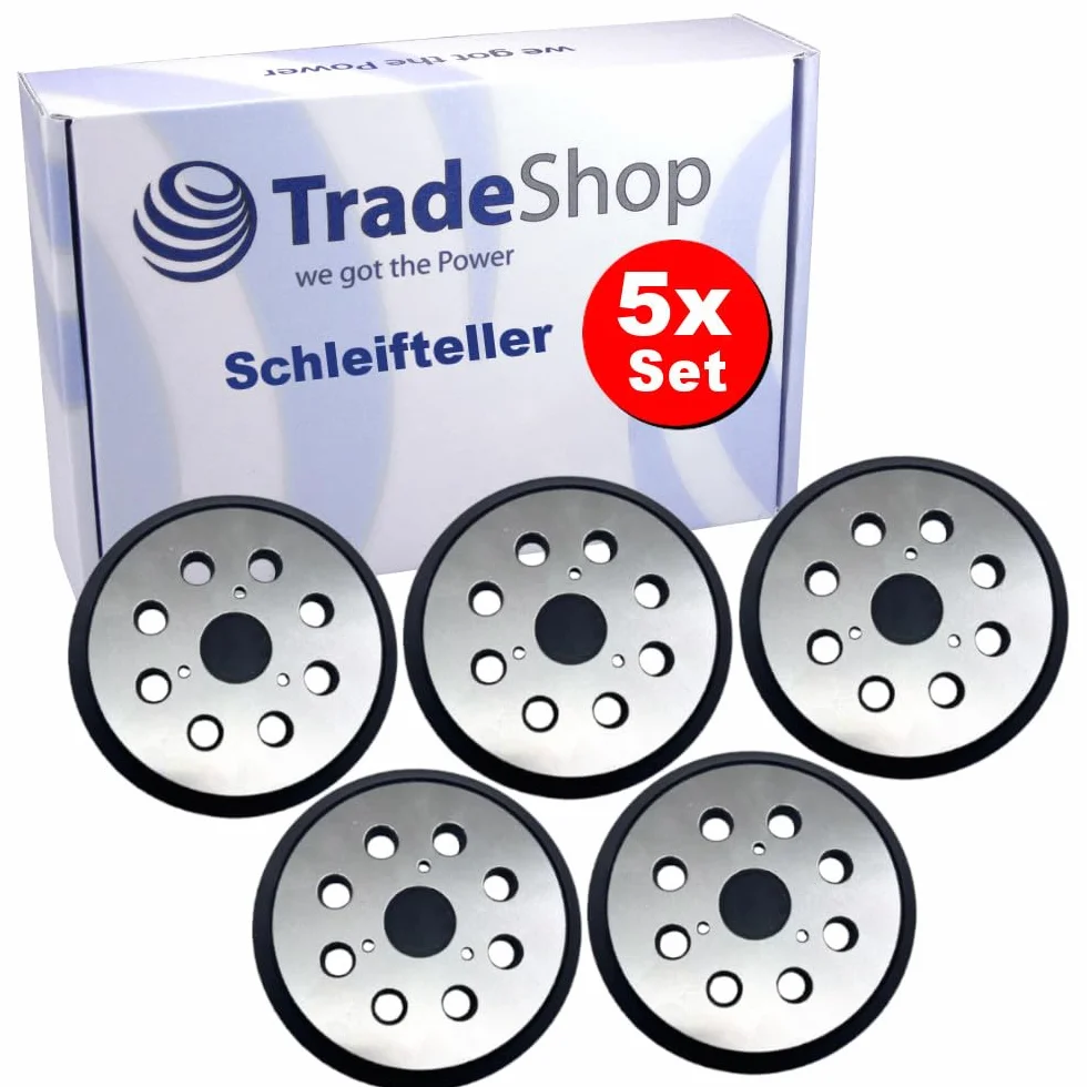 5 x Trade-Shop 8-otworowy talerz szlifierski na rzep talerz szlifierski talerz podporowy 125 mm z metalowym spodem kompatybilny z Makita 743081-8 743051-7, Hitachi 324-209