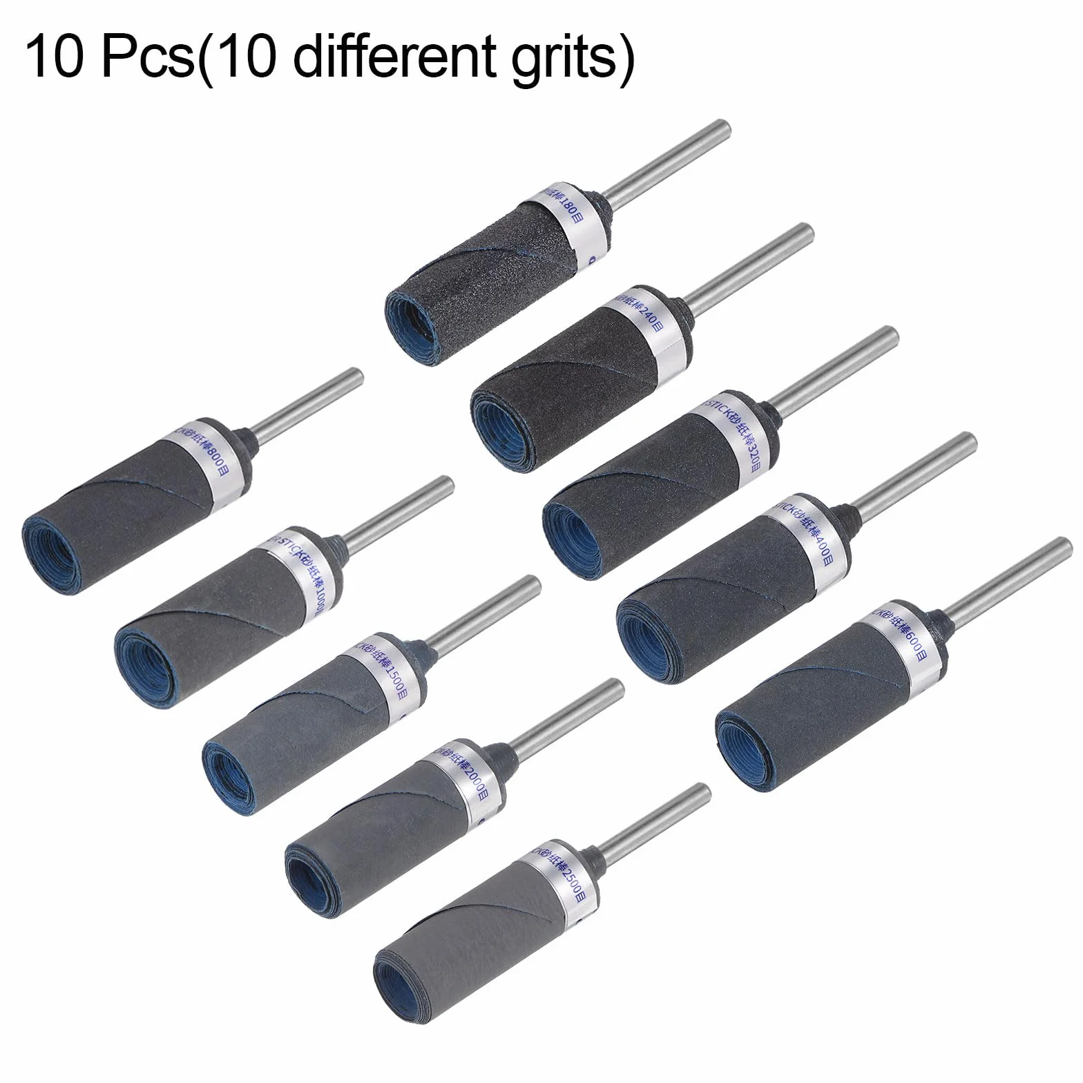 QUARKZMAN 10-częściowy zestaw rolek papieru ściernego, ziarnistość 180-2500, trzpień 3 mm, bębny szlifierskie, tulejki, cylinder, głowica szlifierska do obróbki drewna, szkła, metalu, polerowania