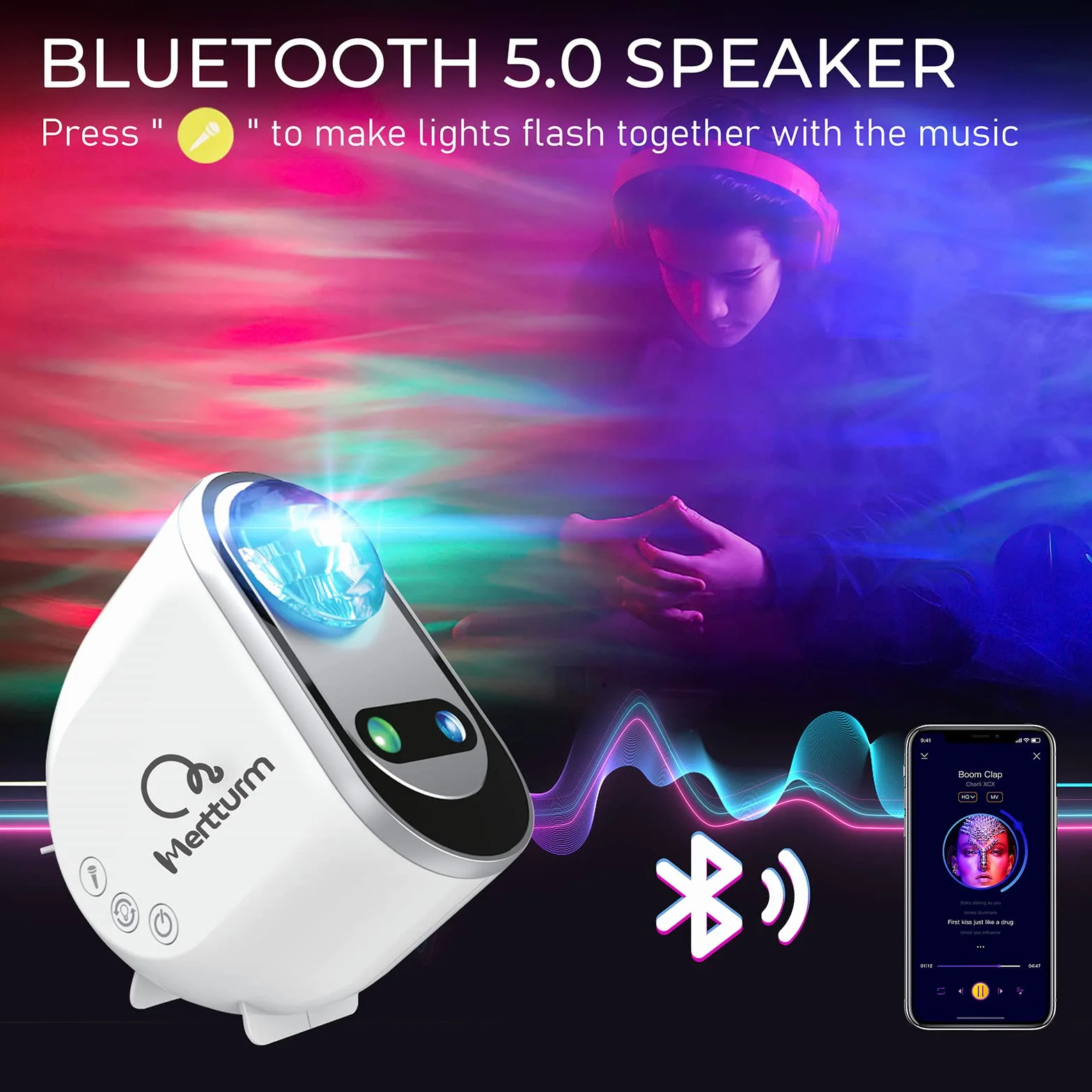 MERTTURM Projektor Star Sky, Lampka Nocna Projektora Galaxy dla Dzieci z Głośnikiem Bluetooth, Lampa Projektora LED Star do Dekoracji Sypialni, Prezent, Prawdziwy Księżyc