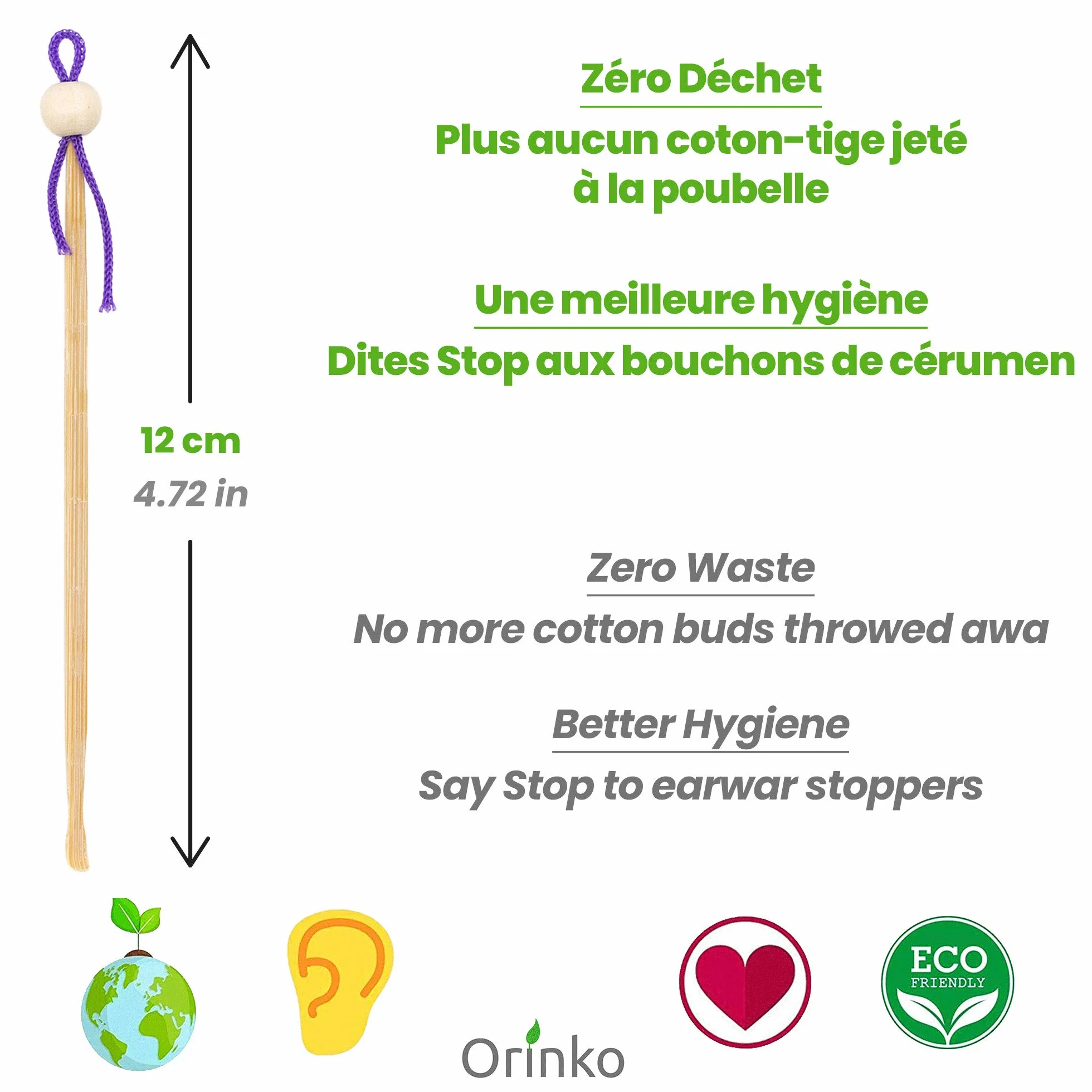 ORINKO Bambu środek do usuwania woskowiny z uszu, pałeczki bambusowe dla dorosłych, czyszczenie uszu bez plastiku