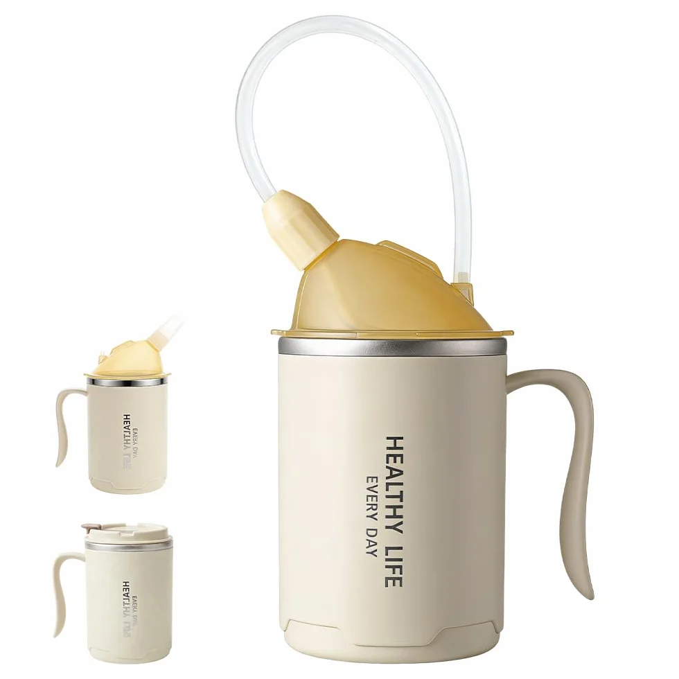Kubek z ustnikiem dla seniorów 3 w 1 400 ml ze słomką 30 cm i pokrywką biały