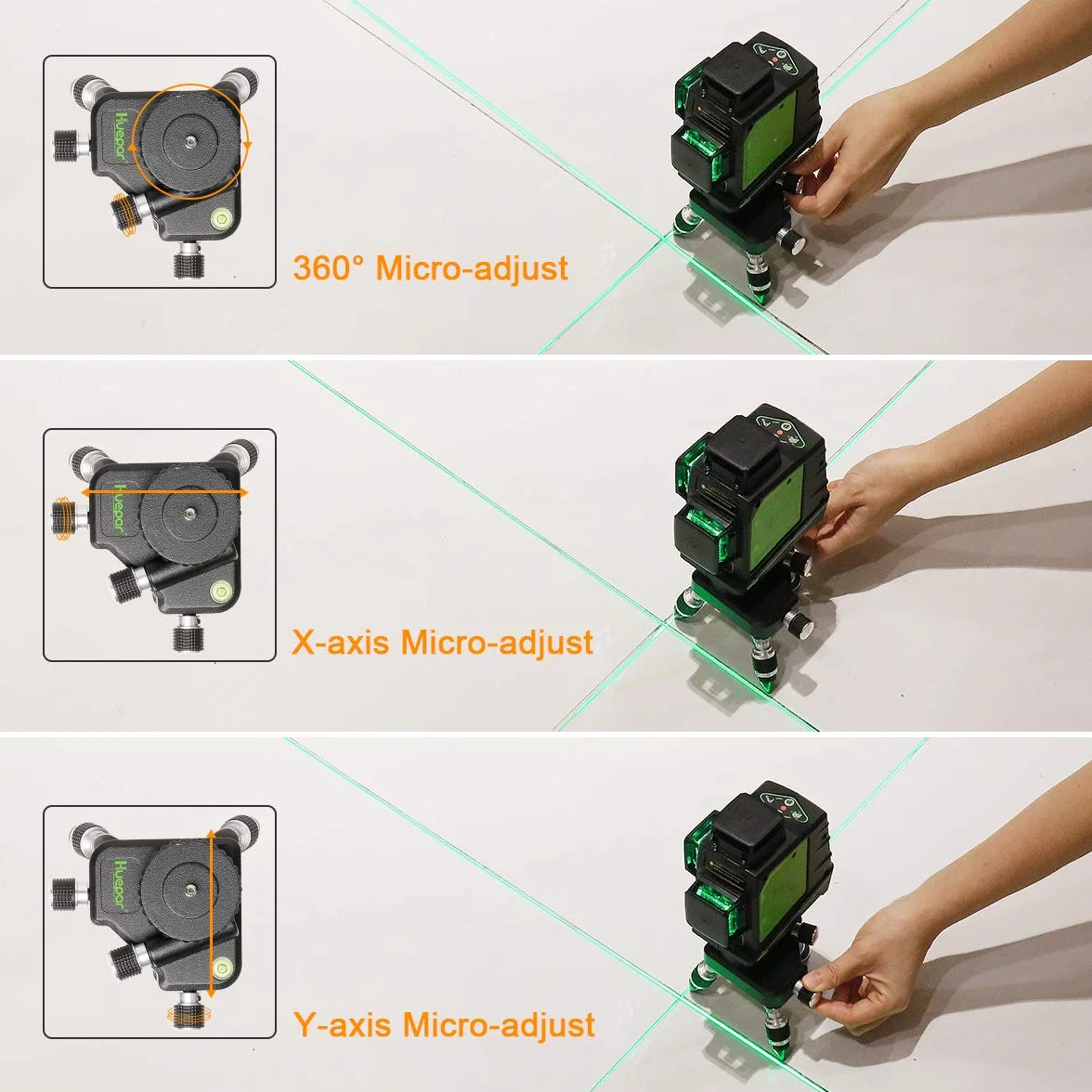 Huepar AT2 360° Adapter Drehbarer Einstellbarer Stativanschluss für Kreuzlinienlaser, mit 1/4"-20 Außengewinde und Horizontaler Blase, Manuell betriebenes Mikro - Feineinstellbare Drehbasis Einstellen