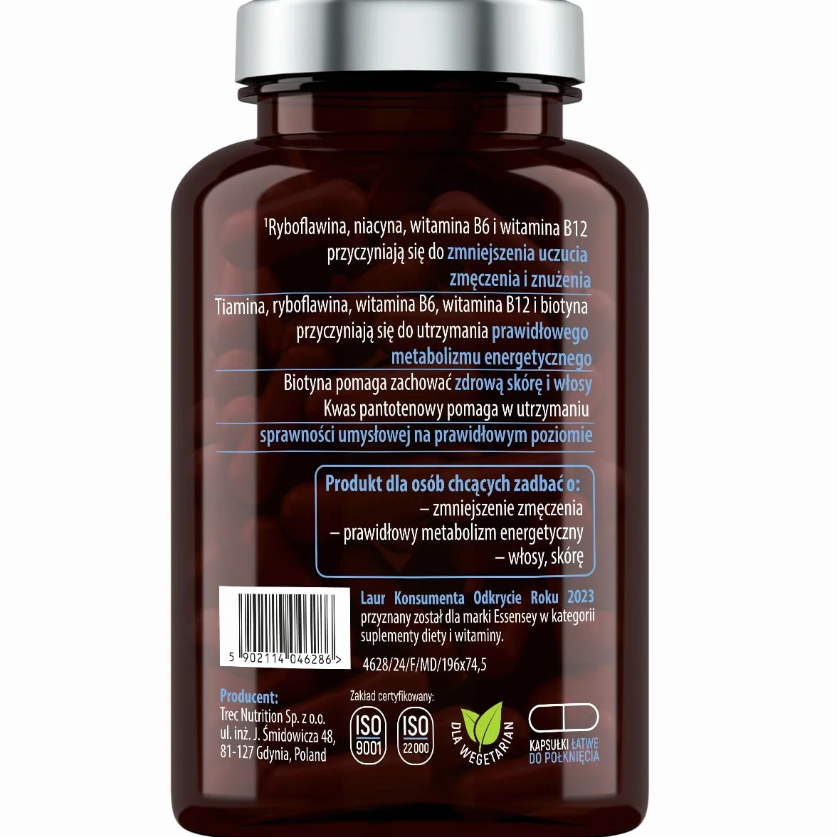 ESSENSEY - Kompleks witamin B I 11 Aktywnych składników I 90 Kapsułek I wszystkie 8 witamin B(B1,B2,B3,B5,B6,B8,B9,B12) I Dla wegetarian I 90 Dniowych porcji I Łatwe do połknięcia