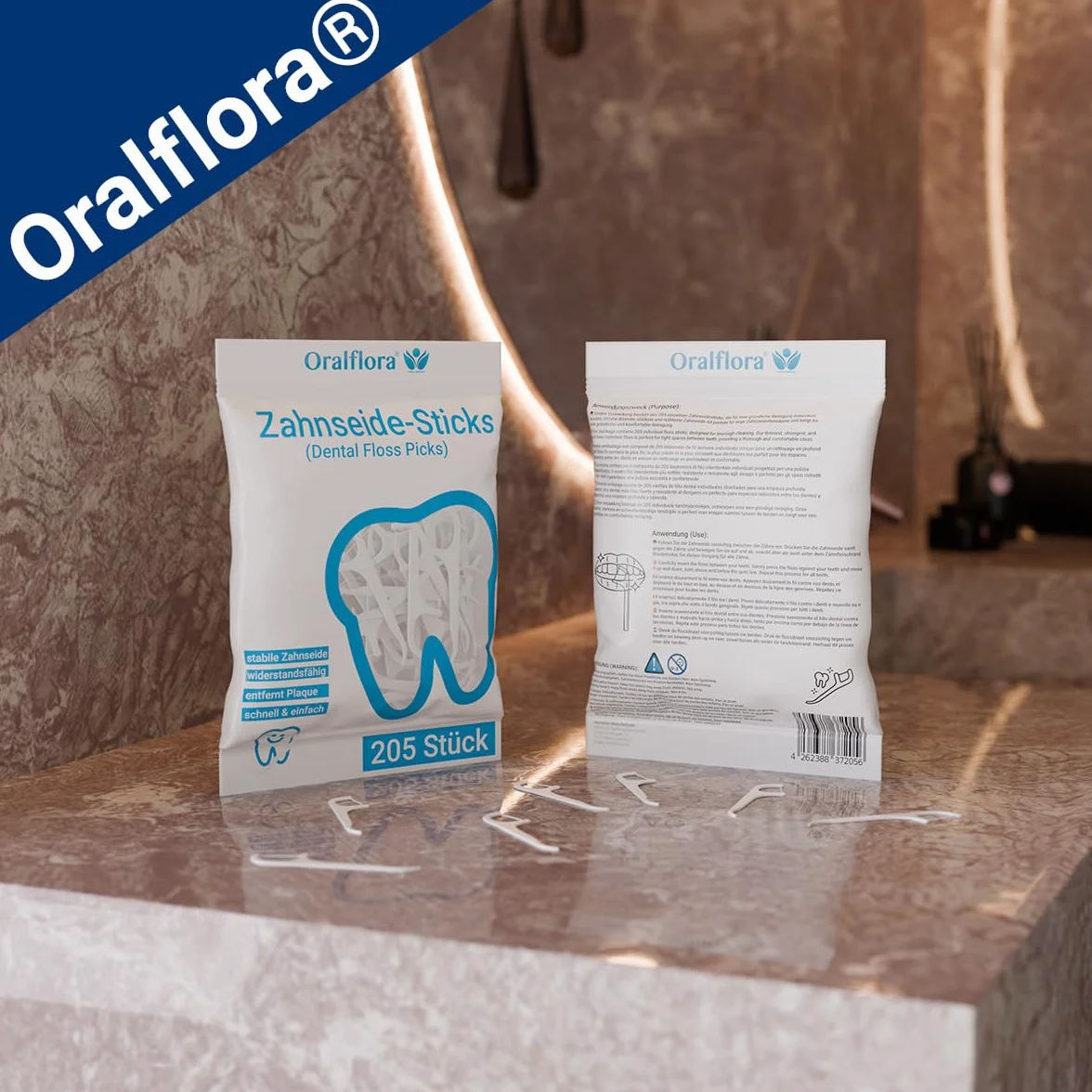 205 x patyczki z nicią dentystyczną – Dental Floss Picks – Oralflora – czyszczenie przestrzeni międzyzębowej do pielęgnacji zębów i zdrowych dziąseł i zębów trzonowych – 2 w 1 z wykałaczką na uchwycie