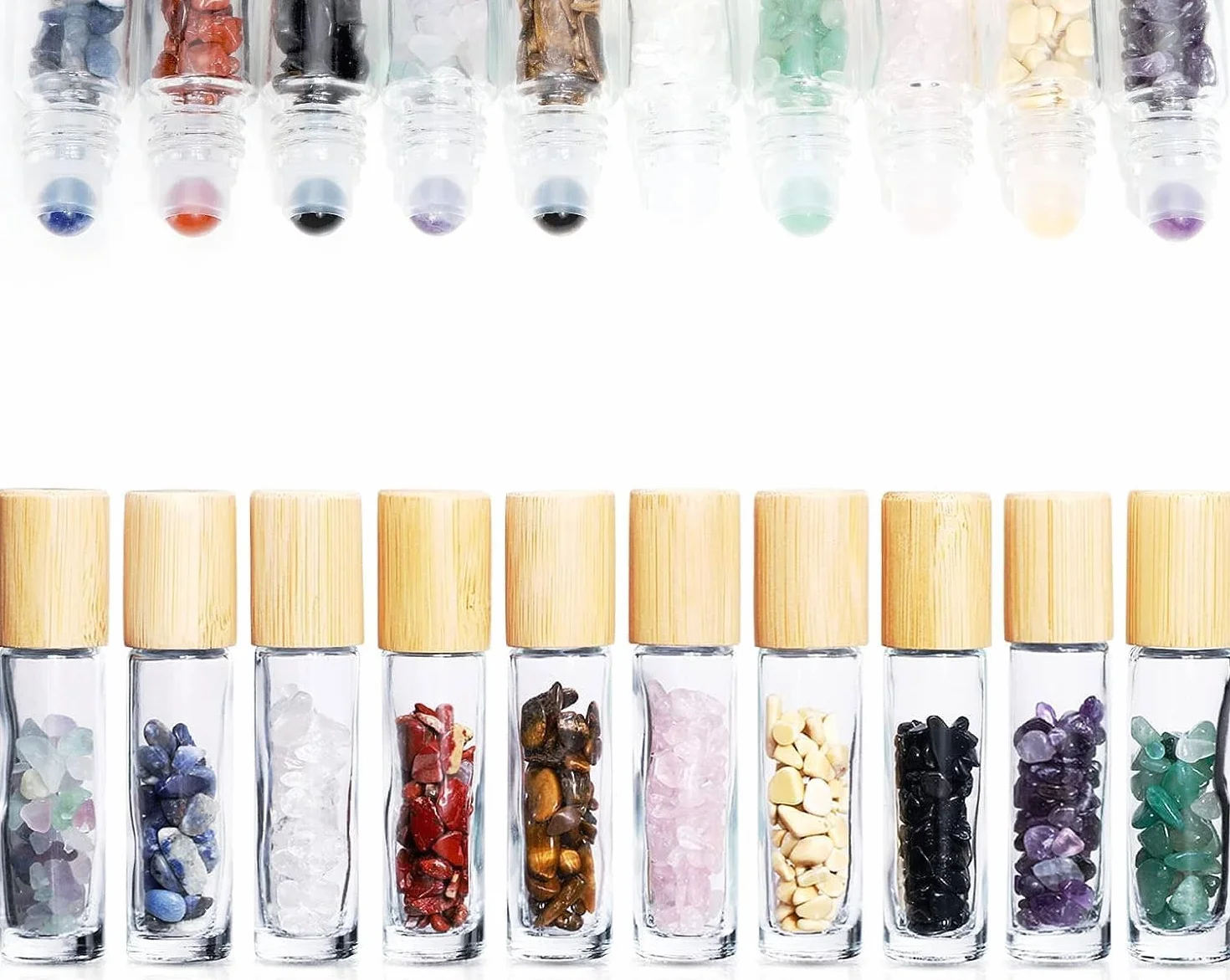 10 sztuk 10 ml butelek z kamieniami szlachetnymi, butelki na próbki z zatyczkami bambusowymi, wewnątrz kryształowe wiórki lecznicze do olejków eterycznych, perfum, aromaterapii