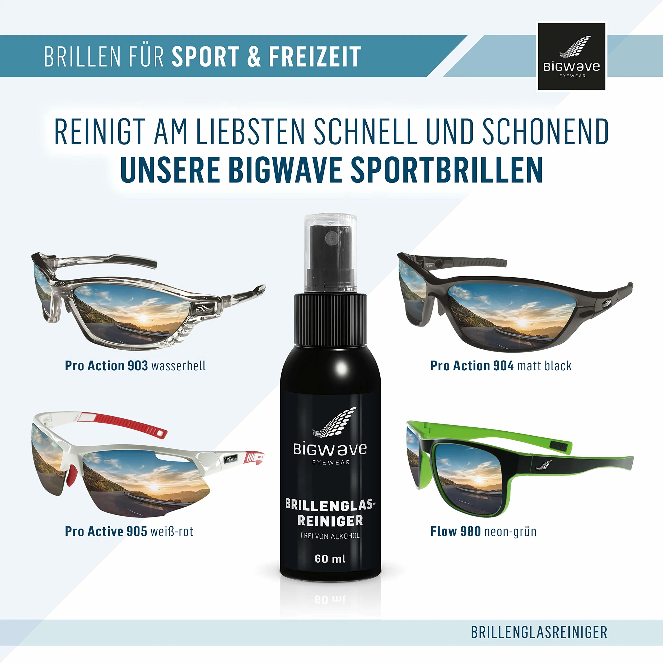 BIGWAVE Spray do czyszczenia okularów do delikatnego i bez smug czyszczenia wszystkich soczewek okularowych bez alkoholu – 60ml Premium spray do czyszczenia okularów idealny również na okulary