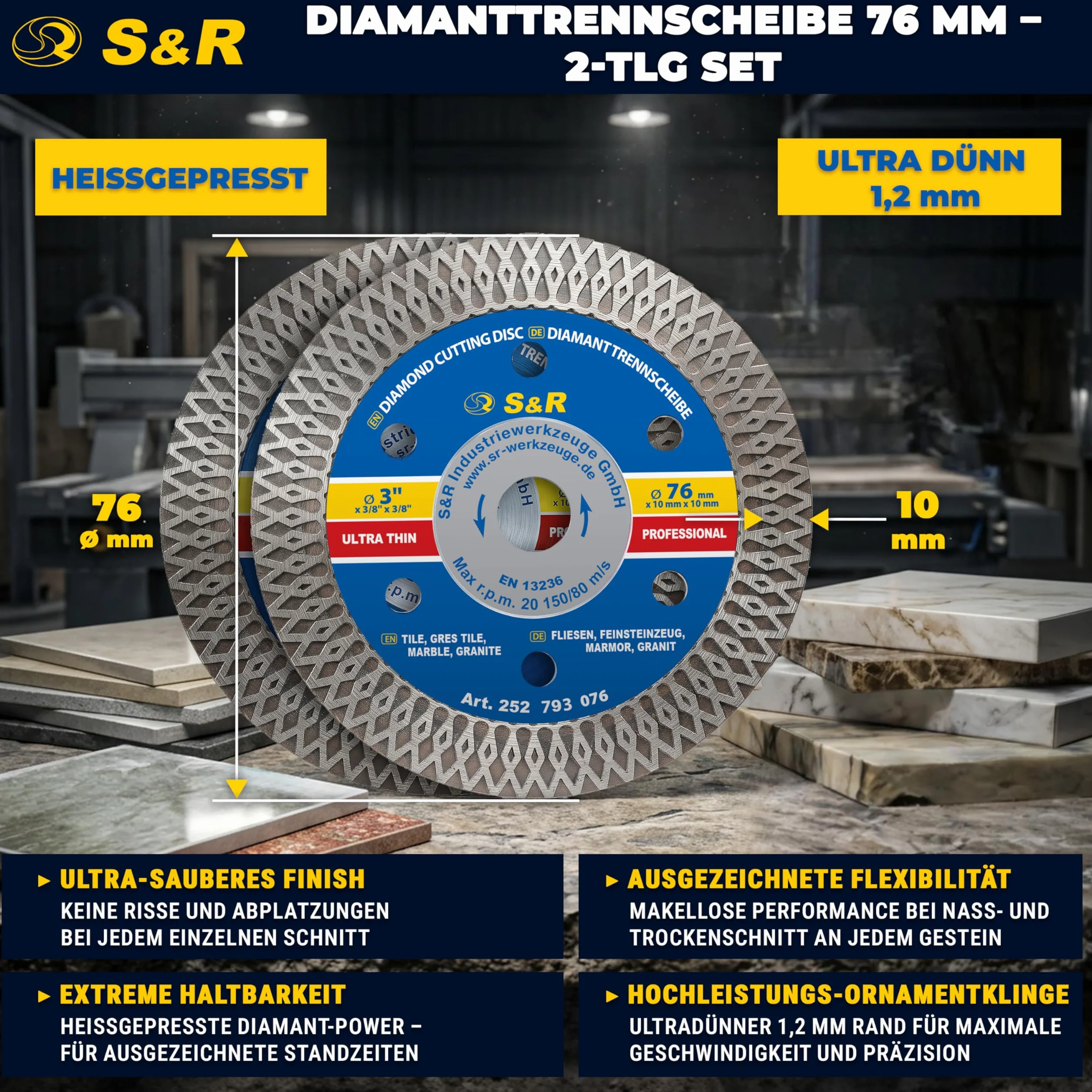 S&R 2-częściowa diamentowa tarcza tnąca, tarcza tnąca 76mm, diamentowa tarcza 176mm, 76 * 10 * 0.8 * 1.2 * 10mm porcelana, polerowany gres, granit