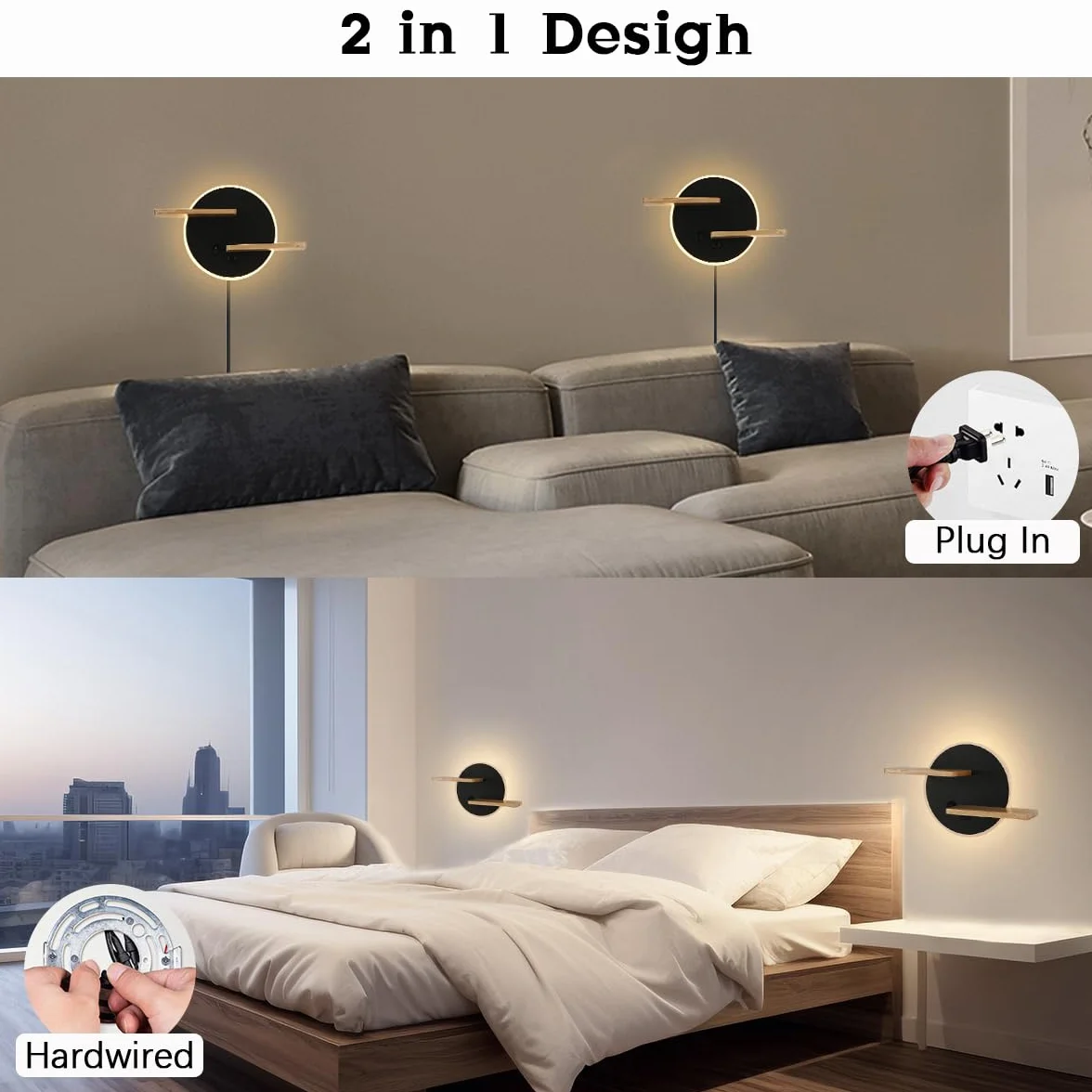 Kinkiety wewnętrzne LED z włącznikiem i przyłączem USB do ładowania, lampka nocna, 3 kolory, regulowana lampka do czytania dla dzieci, z drewnianym regałem, oświetlenie ścienne do salonu, sypialni