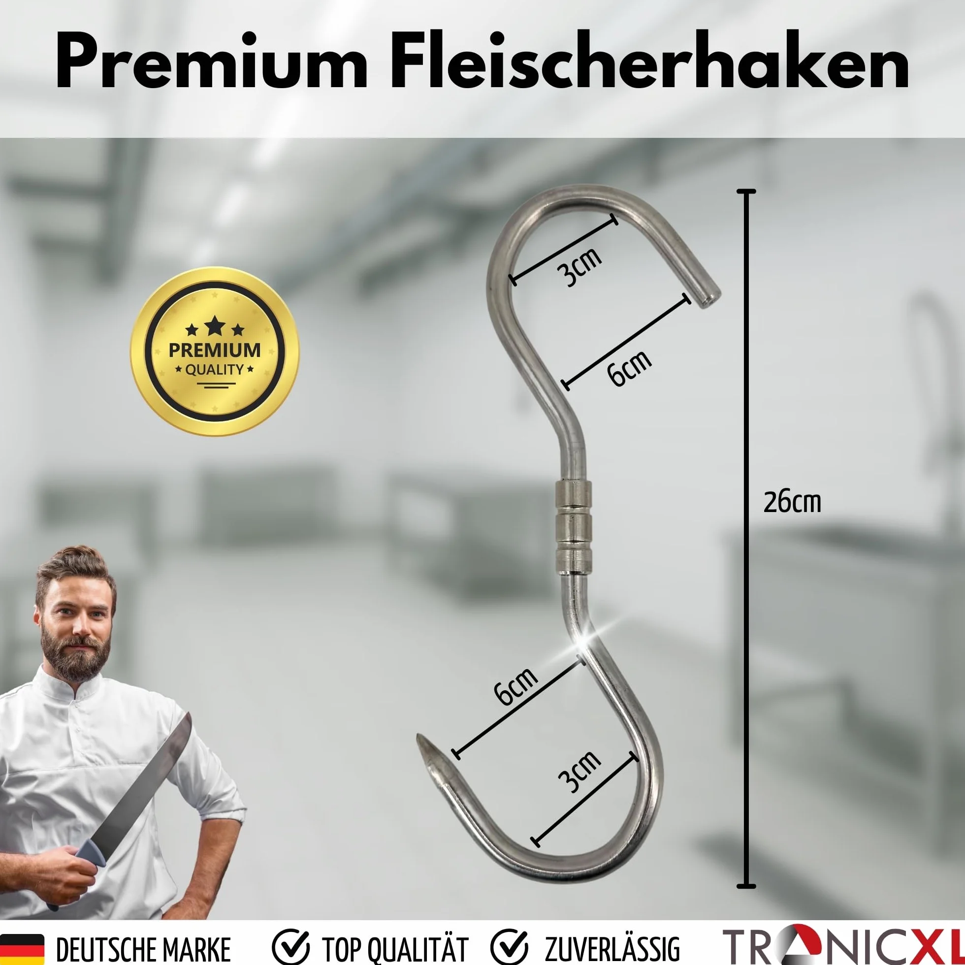 TronicXL 2 sztuki profesjonalnych haków w kształcie litery S – 260 x 10 mm hak obrotowy ze stali nierdzewnej hak do rozbijania dzikich haków do mięsa obrotowy do zawieszenia dzikiej ryby, kiełbasek