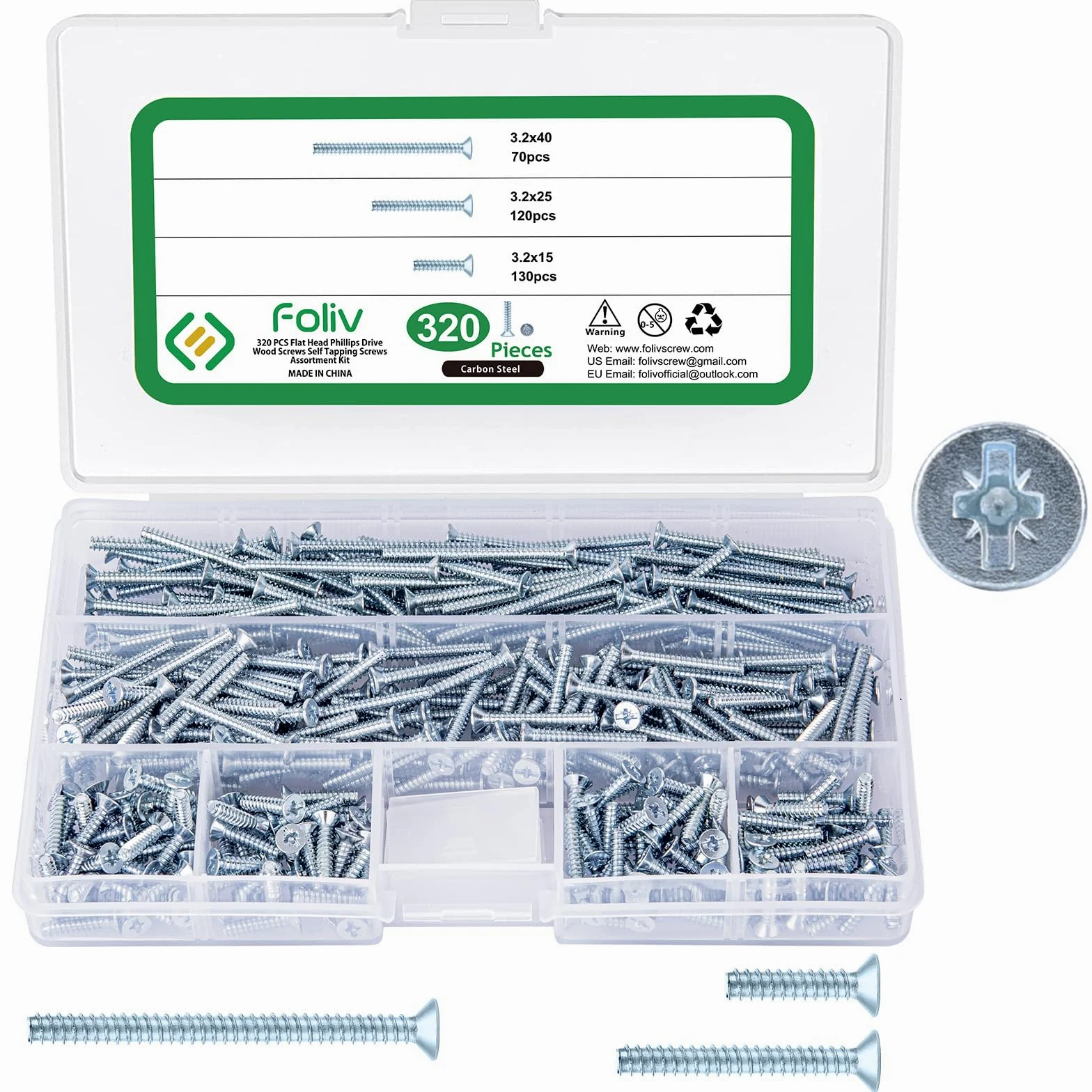 Foliv 320 sztuk śrub do puszek przełączników, śruby maszynowe, pudełko asortymentowe Ø 3,2 x 15 mm, 3,2 x 25 mm, 3,2 x 40 mm, śruby wpuszczane ze stali ocynkowanej z PZ1/szczeliną, do naprawy