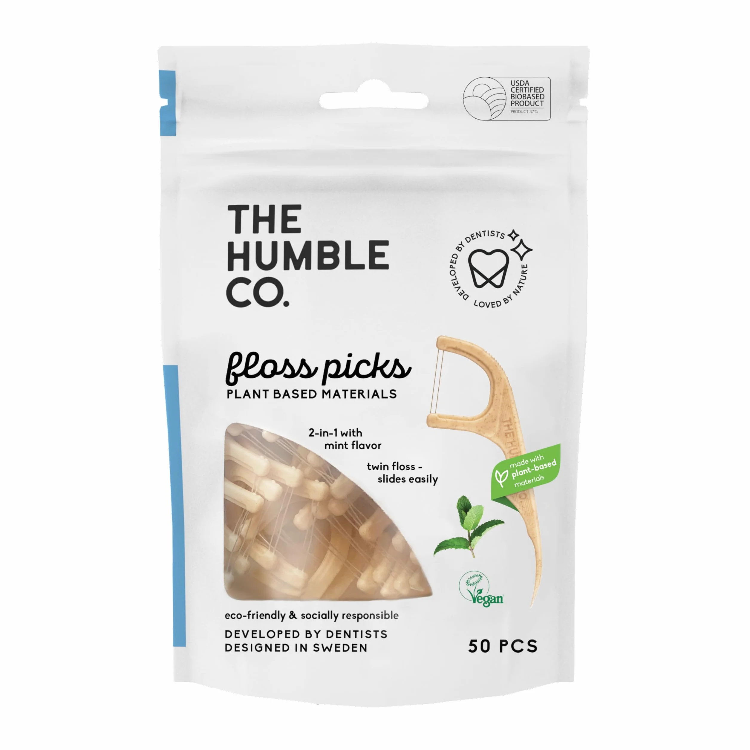 The Humble Co. Roślinne patyczki z nicią dentystyczną, świeża mięta, przyjazne dla środowiska, wegańskie, bez cukru, zalecane przez dentystów – usuwa kamień nazębny i nadaje uczucie świeżości (1 x 50p)
