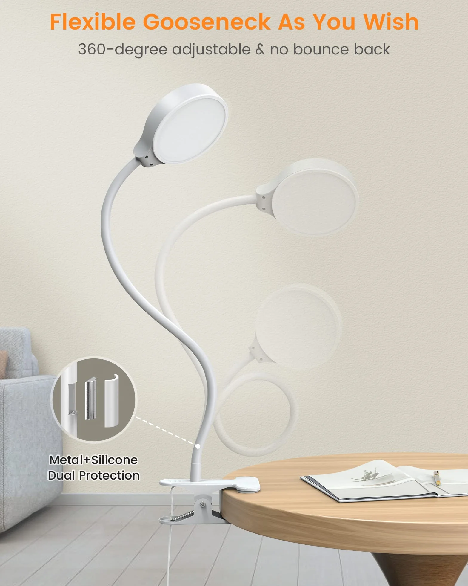 Glocusent Lampka do czytania o mocy 5 W, 36 diod LED, lampka zaciskowa, przyjazna dla oczu lampka do czytania, zacisk, 3 kolory i 5 poziomów jasności, przypinana lampka zaciskowa LED z łabędzią szyją