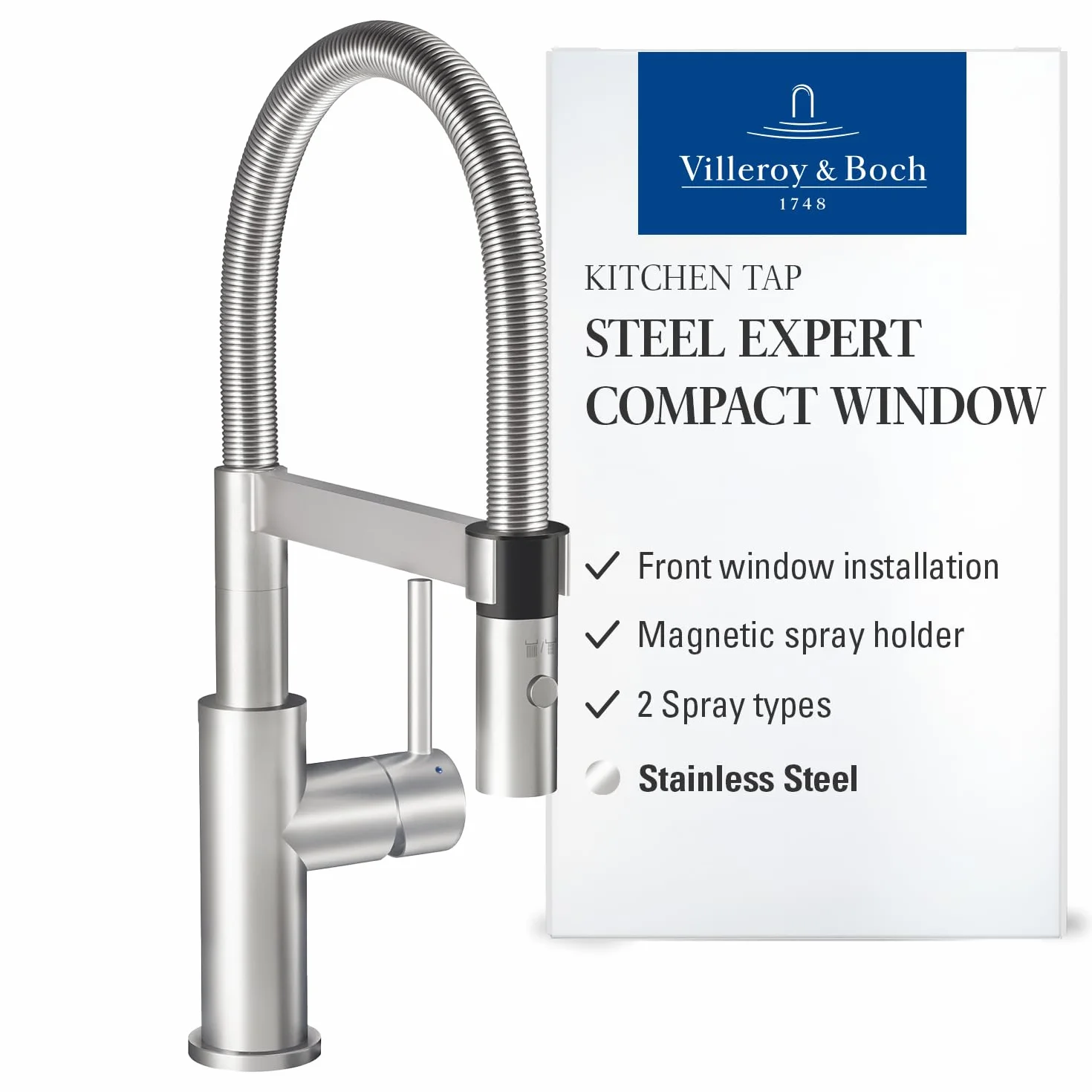 Villeroy & Boch Steel Expert Compact Window armatura kuchenna, wysokociśnieniowa, kran kuchenny z montażem przed oknem, oszczędność wody, wysokość wylewki 147 mm, masywna stal nierdzewna
