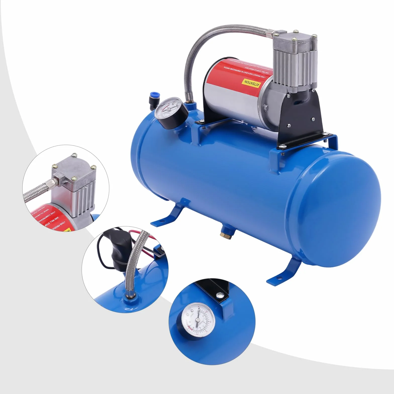 Sprężarka powietrza 12 V do samochodu, kompresor powietrza, kompresor 100 psi, ze zbiornikiem 6 l, w zestawie wąż 3,8 m, maks. 8 bar, do samochodów ciężarowych, samochodów, pompowania opon, klaksonów