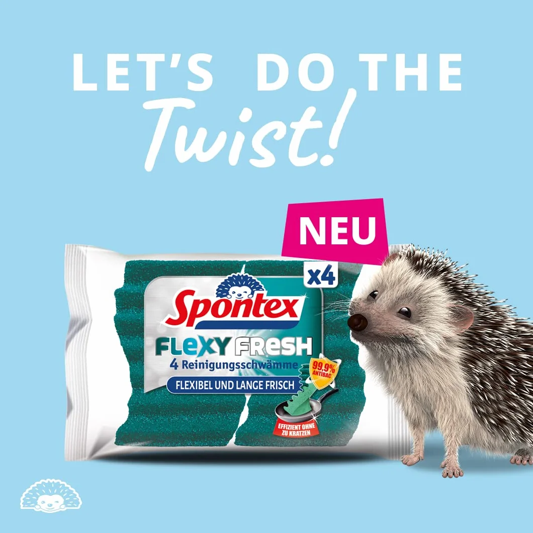 Spontex Flexy Fresh x4, wydajna gąbka do czyszczenia z ochroną antybakteryjną, elastyczna, długo świeża, nie rysuje się, 1 x 4 sztuki
