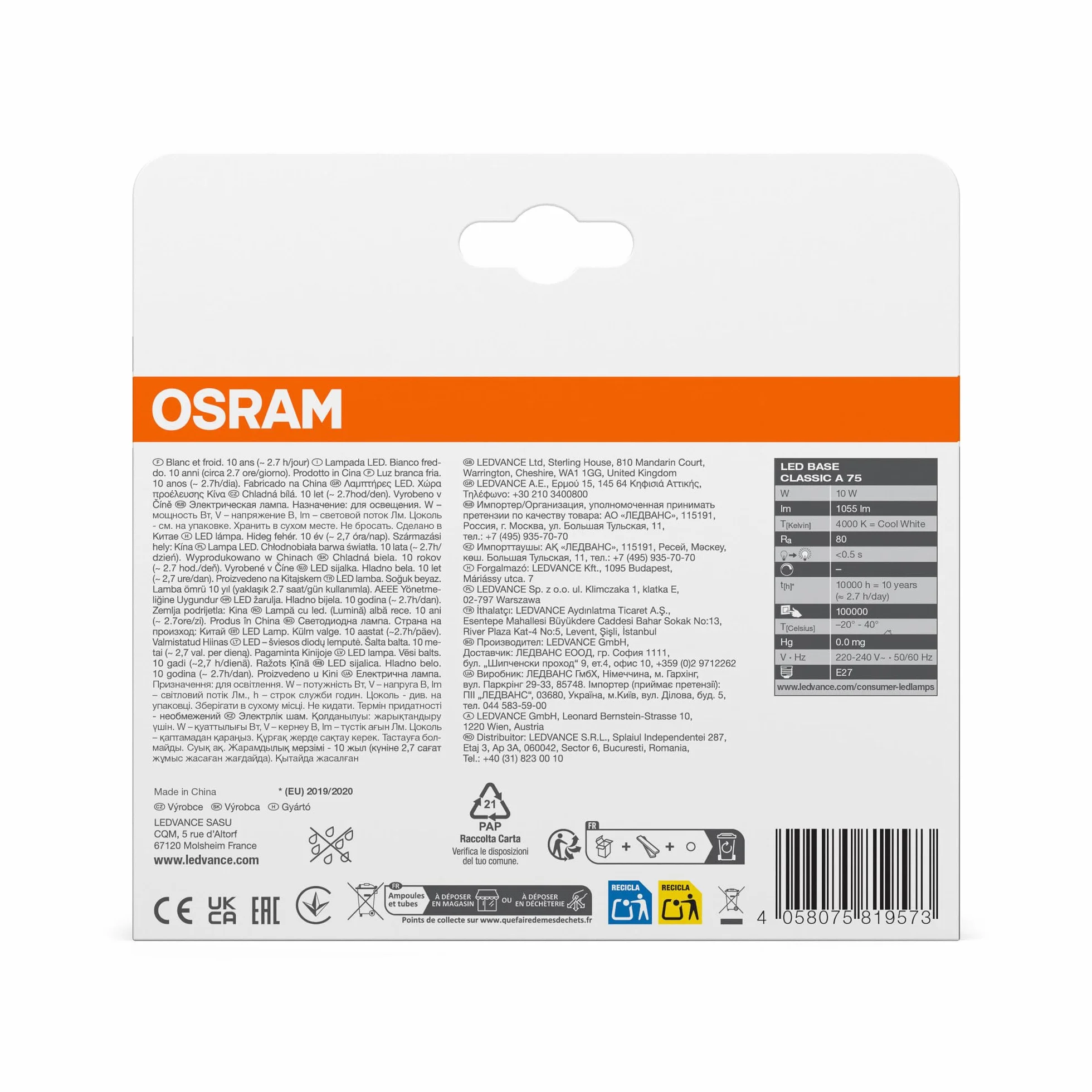 OSRAM Żarówka LED Base Classic A75, kształt żarówki 10W 840, 4000K, zimna biel, E27, matowa, 1055 lm, odporna na wstrząsy i wibracje