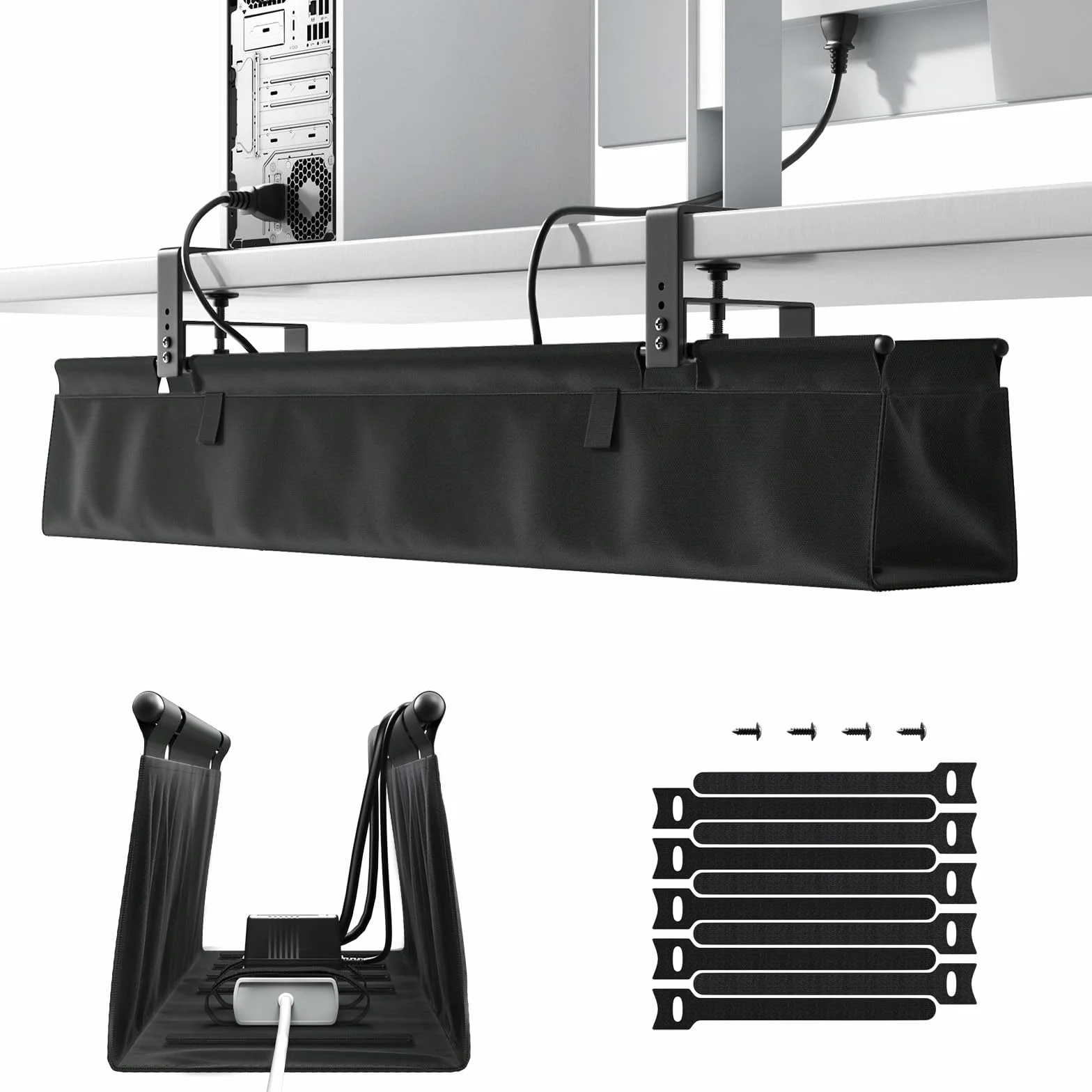 Organizer Kabli pod Biurko Bez Wiercenia, 90cm System Zarządzania Kablami z Montażem na Zaciski/Śruby, Stabilna & Wodoodporna Tkaninowa Skrzynka na Kable do Domu i Biura, Czarny