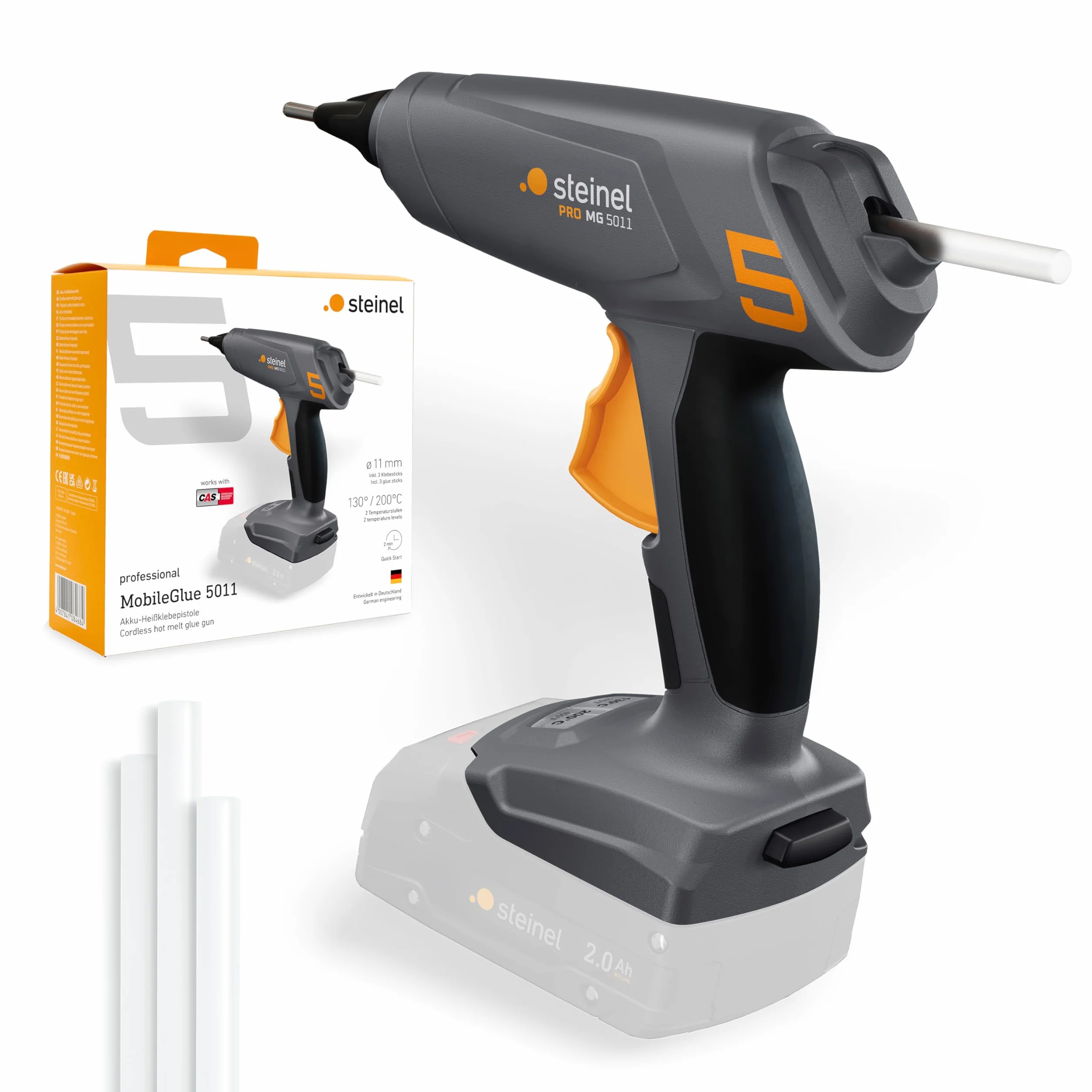 Bezprzewodowy pistolet do klejenia Steinel MobileGlue 5011, system akumulatorów CAS 18 V, w zestawie 3 sztyfty kleju 11 mm, 130°C/200°C