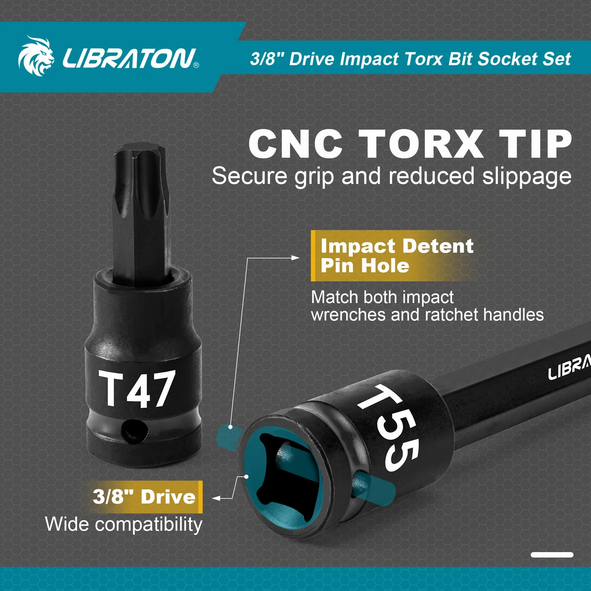 LIBRATON Zestaw nasadek bitowych i Torx 3/20,3 cm, bardzo długie gniazdo Torx, gniazda bitowe ze stali stopowej S2, T10-T60