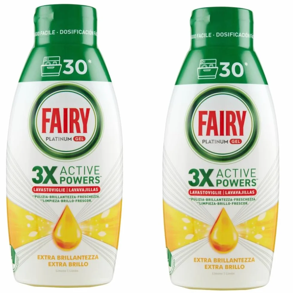Fairy Detergent Zmywarka Płynny Żel, 60 Prań, Opakowanie 2 Butelki, Platinum Cytryna, Daje Extra Bright, Połącz Czyszczenie I Świeżość