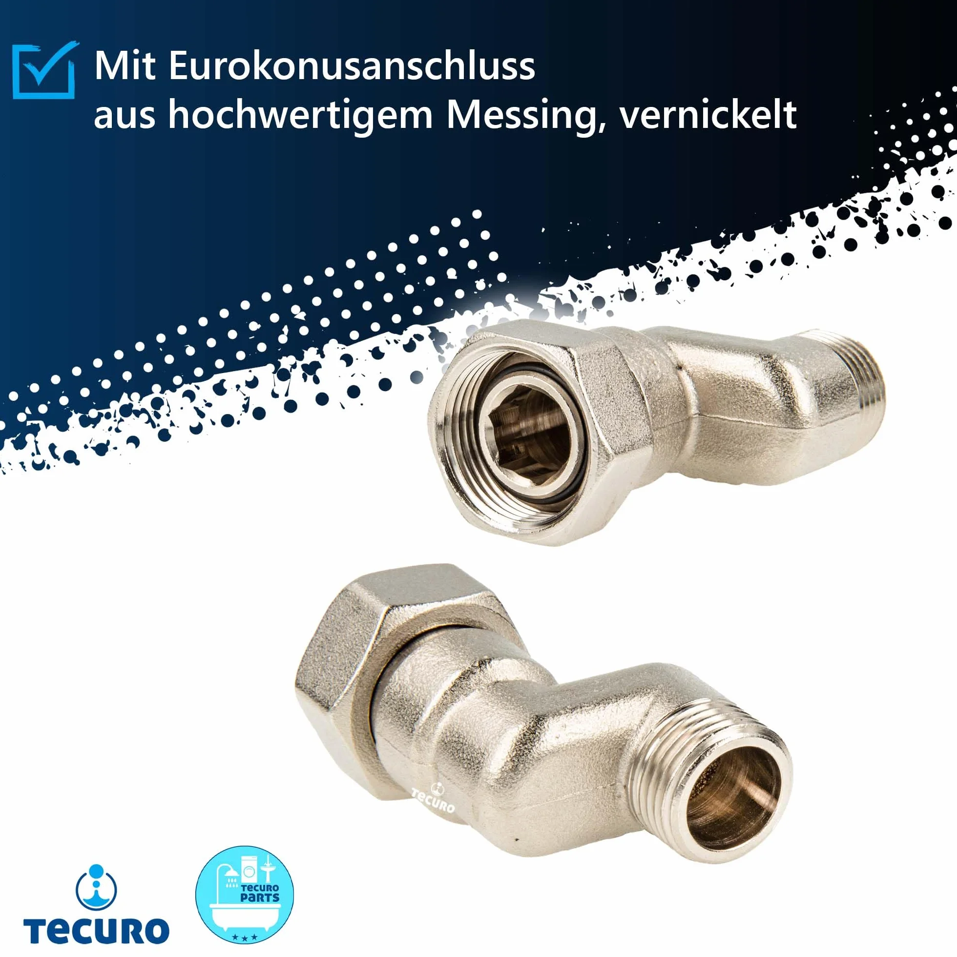 tecuro Przyłącze S grzejnik 20 mm wyrównanie wysokości ze stożkiem euro, DN 15 (1/2") AG x DN 20 (3/4") nakrętka złączkowa mosiądz niklowany, AGS-20