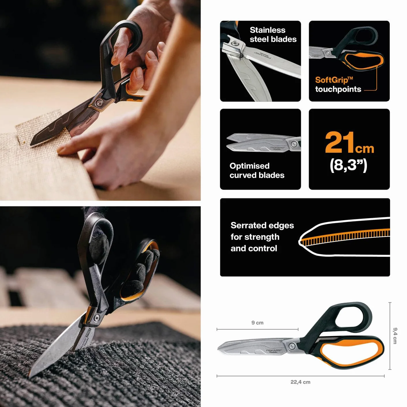 Fiskars Wysokowydajne nożyczki, Do 30% większa moc, Długość 21 cm, Trwała stal nierdzewna/ tworzywo, Czarno-pomarańczowe, PowerArc, 1027204