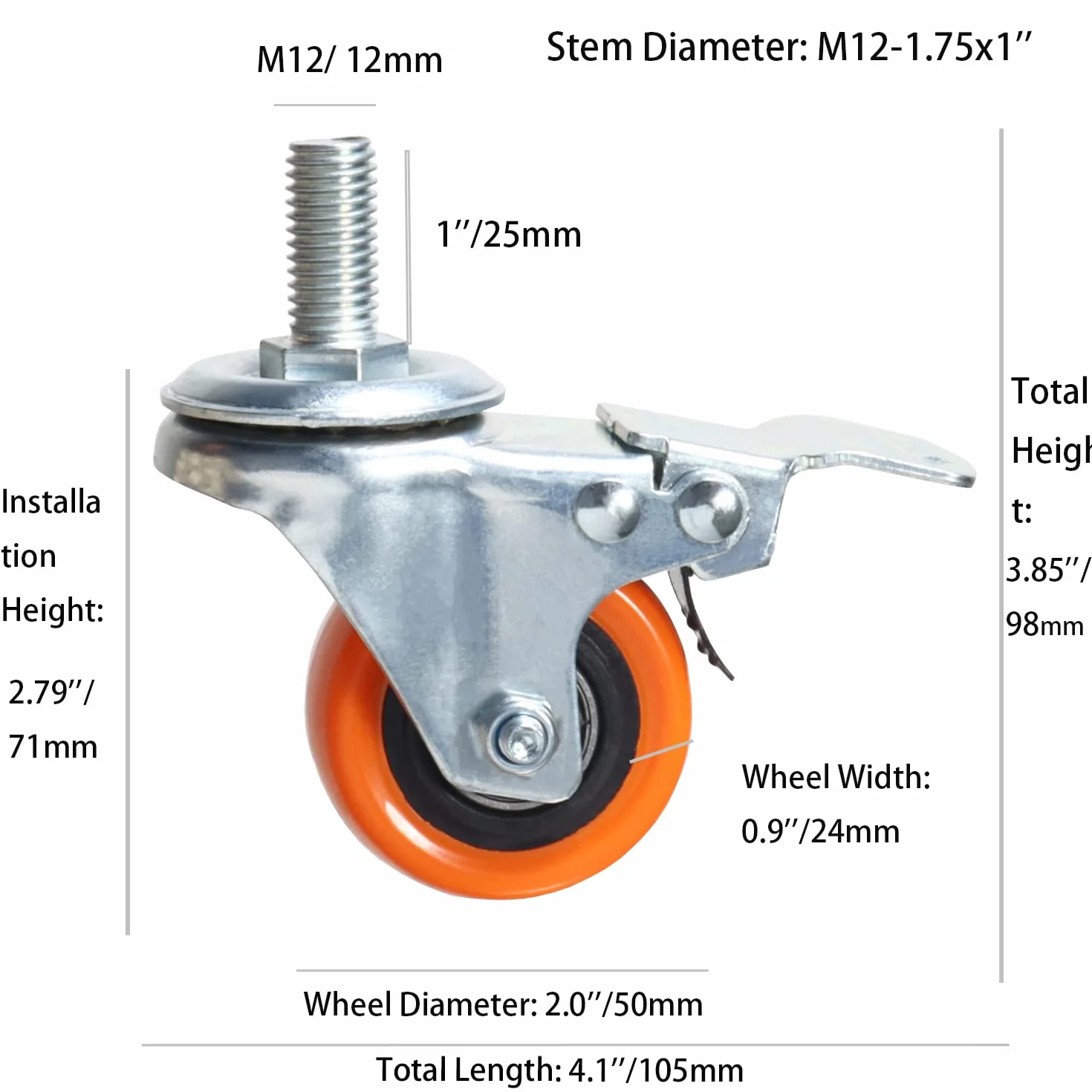 Wytrzymałe, obrotowe koła, 3-calowe żółte kółka z trzpieniem metrycznym M12-1,75x25 mm, podwójne hamulce, kółka bezpieczne do 1200 funtów/zestaw do przemysłu i mebli, zestaw 4 szt.