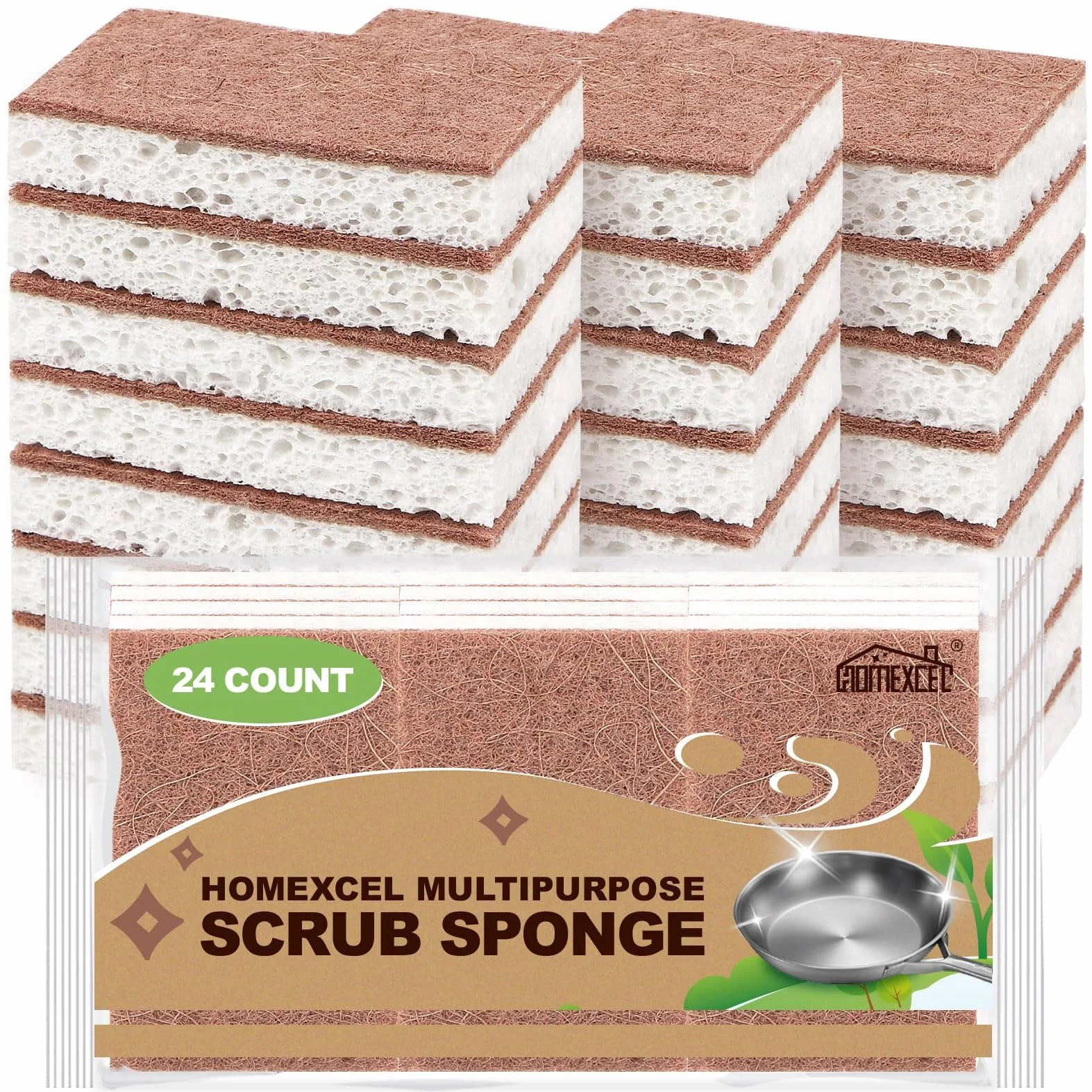 HOMEXCEL Naturalne gąbki do szorowania kuchenne 24 sztuki, niezarysowujące gąbki czyszczące do naczyń, gąbki celulozowe bezpieczne na nieprzywierających naczyniach, dwustronna gąbka do naczyń do mycia
