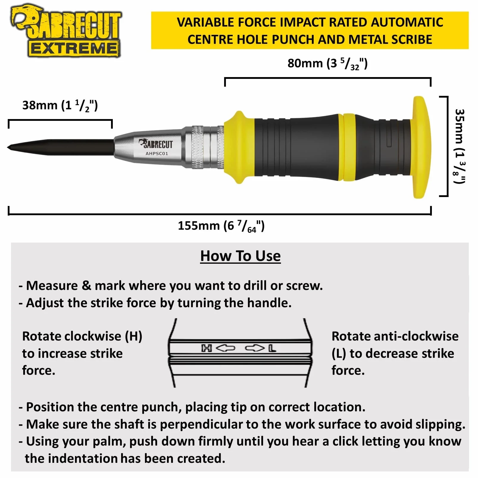 1 sztuka SabreCut AHPSC01 Heavy Duty automatyczny dziurkacz centralny z regulowaną siłą uderzenia 60-140 niutonów nadaje się do metalu, drewna, tworzywa sztucznego i wielu innych materiałów
