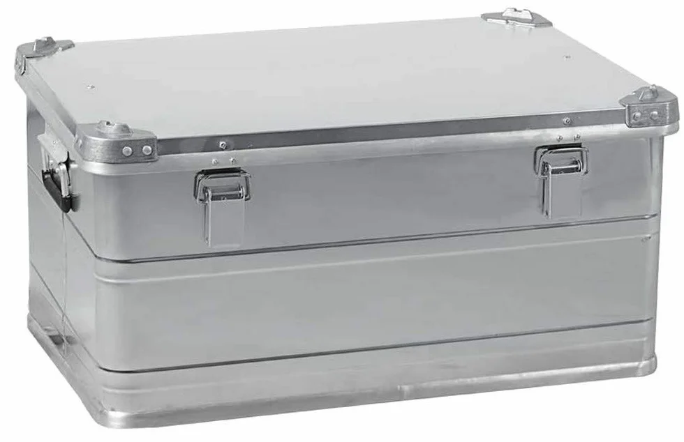 Aluminiowe pudełko z narożnikami do układania w stos, dł. x szer. x wys. 685 x 490 x 340 mm, 93 l, pyłoszczelne/odporne na zachlapanie