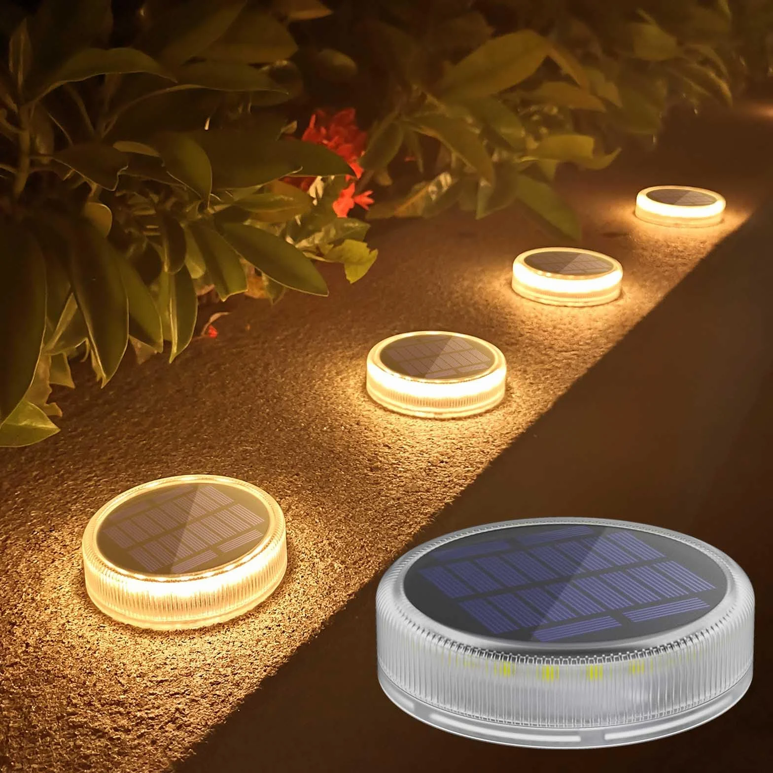 Lacasa 4 Sztuki LED Lampy Solarne do Ogrodu,Solarne Lampy Ogrodowe do Oświetlenia Ścieżek i Schodów, Wodoodporne, 2700K Ciepła Biel, Okrągłe Lampy Solarne