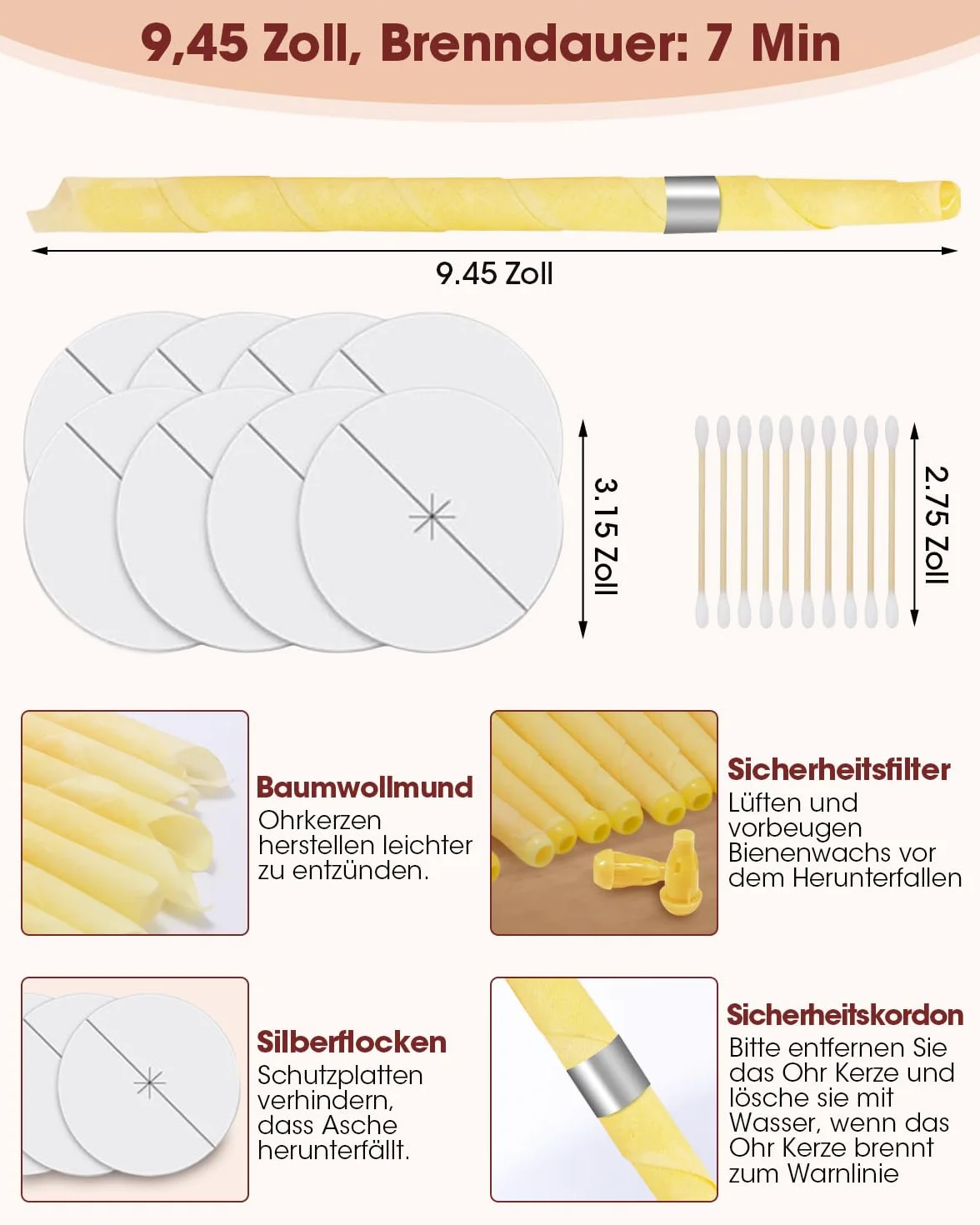 Świece z wosku pszczelego do usuwania woskowiny usznej, zestaw z 8 tarczami ochronnymi i 20 patyczkami