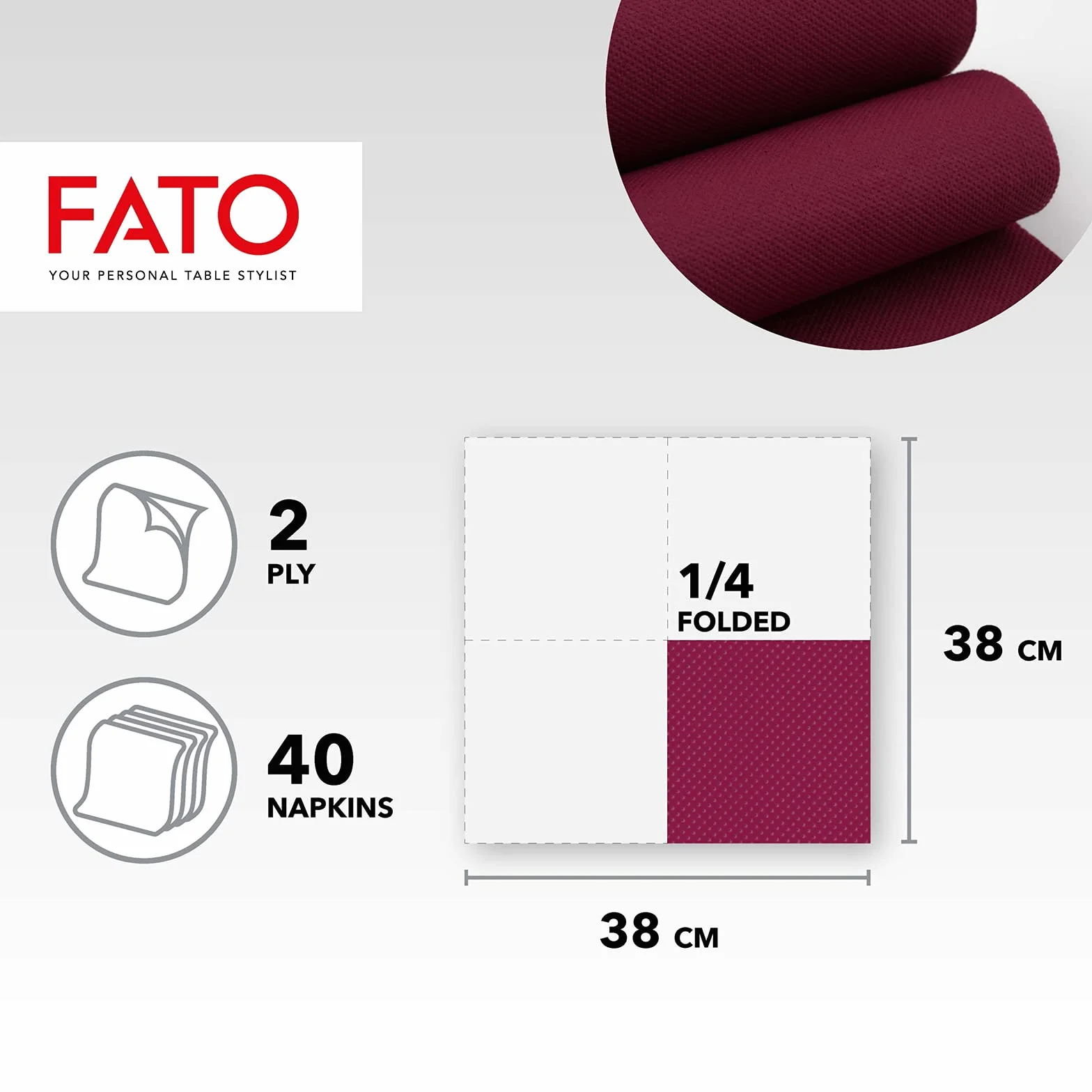 Fato - jednorazowe serwetki papierowe, dmuchawa i miękkość, opakowanie 40 serwetek, rozmiar 38 x 38 złożone w 4, 2 welony, kolor bordowy, 100% czysty papier celulozowy, certyfikat FSC