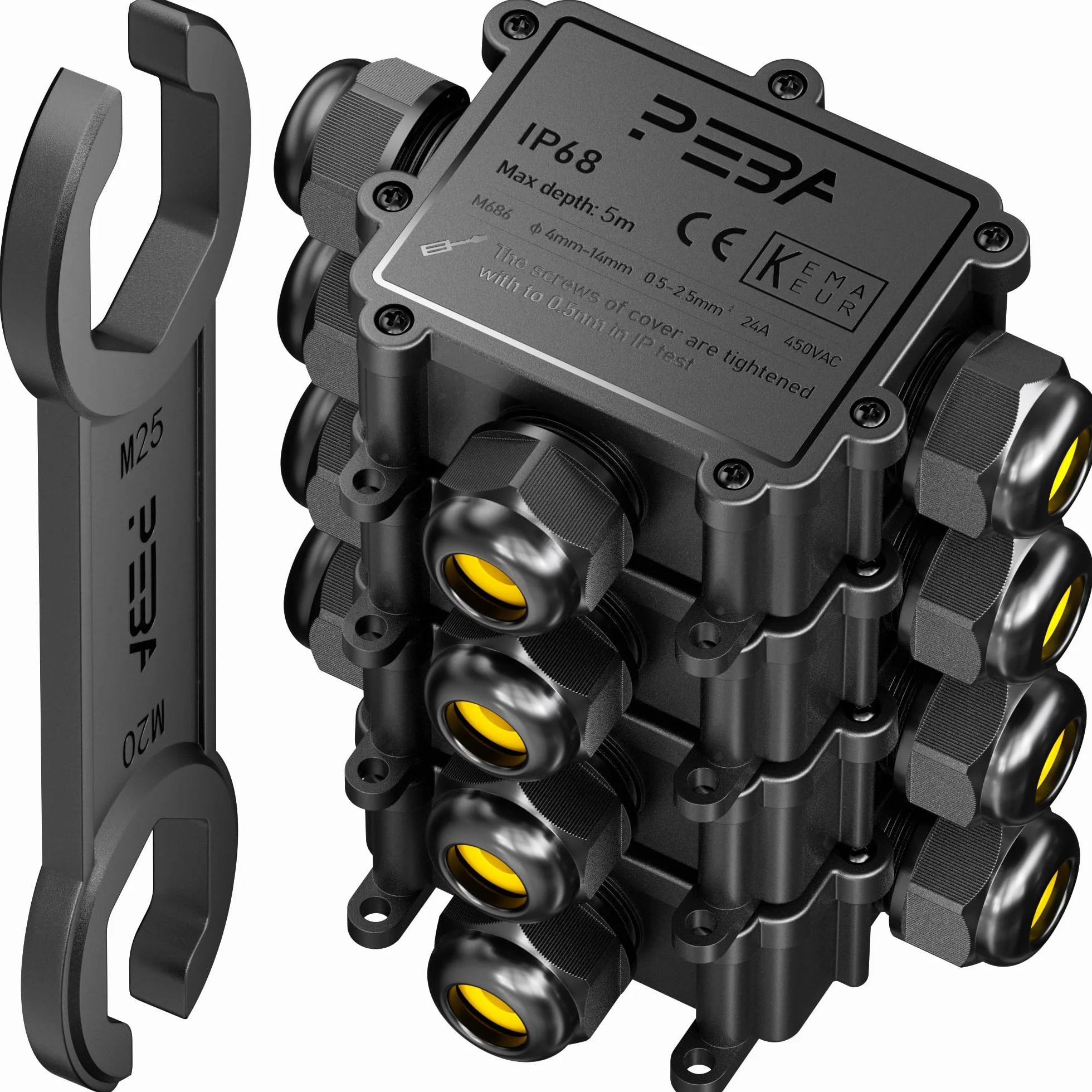 PEBA® IP68 Zewnętrzna Wodoszczelna Skrzynka Rozgałęźna 3-Drożna, Czarna 4szt