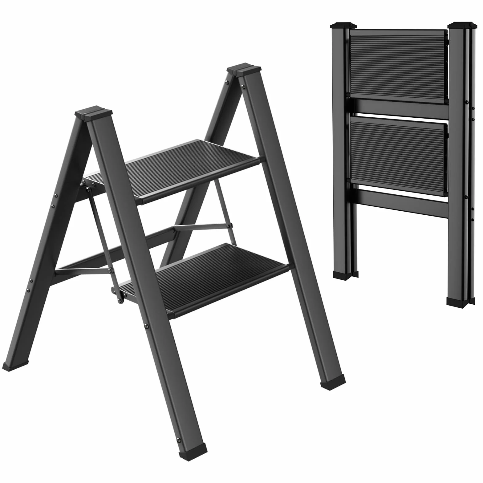 Aluminiowa 2-stopniowa składana drabina antypoślizgowa przenośna drabina do domu, lekka drabina, nośność do 150 kg, używana w kuchni, domu, biurze (czarny)