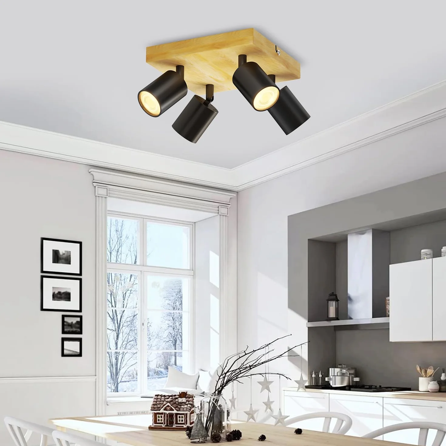 LVWIT Lampa sufitowa LED GU10 4 reflektory czarna drewniana kwadratowa