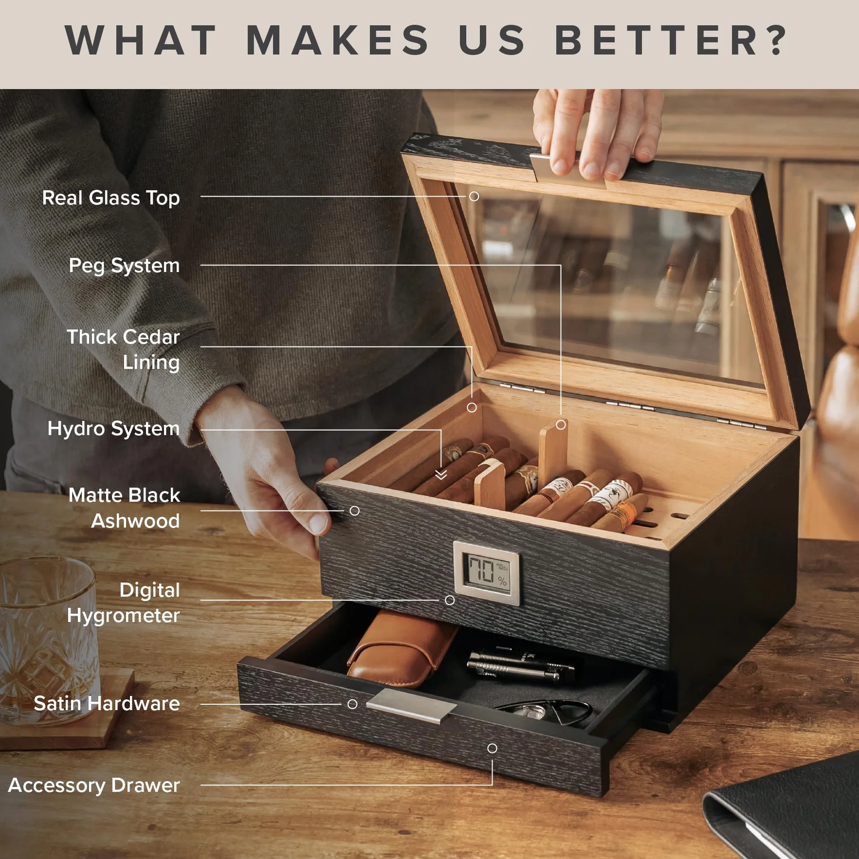 Klaro Mill Glass Top Humidor Matte Black Wood Grain 30-60 Cigars Spanish Cedar Digital Hygrometer