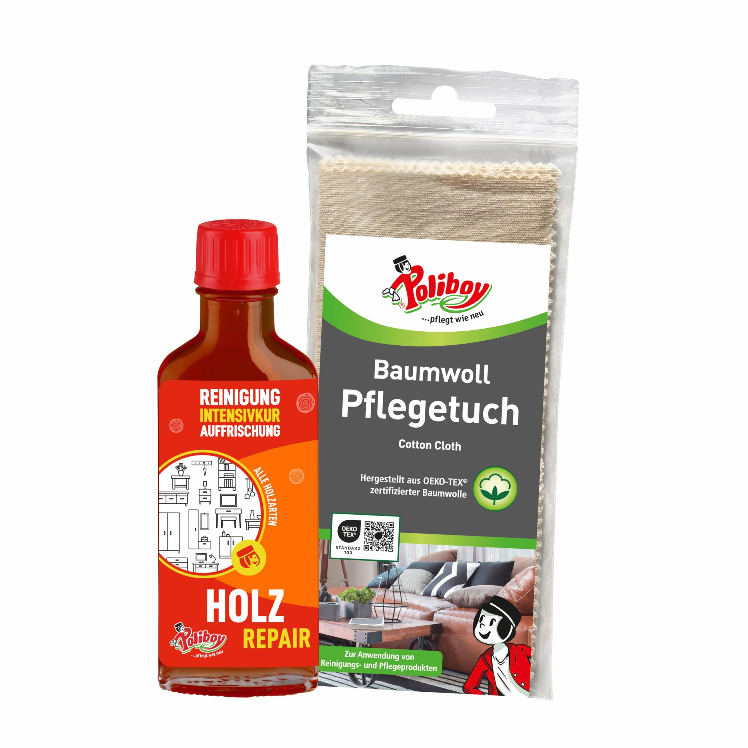 POLIBOY Wood Repair – średniobrązowa politura do mebli do lakierowanego drewna – odświeżający kolor – 1 x 100 ml – z bawełnianą ściereczką – Made in Germany