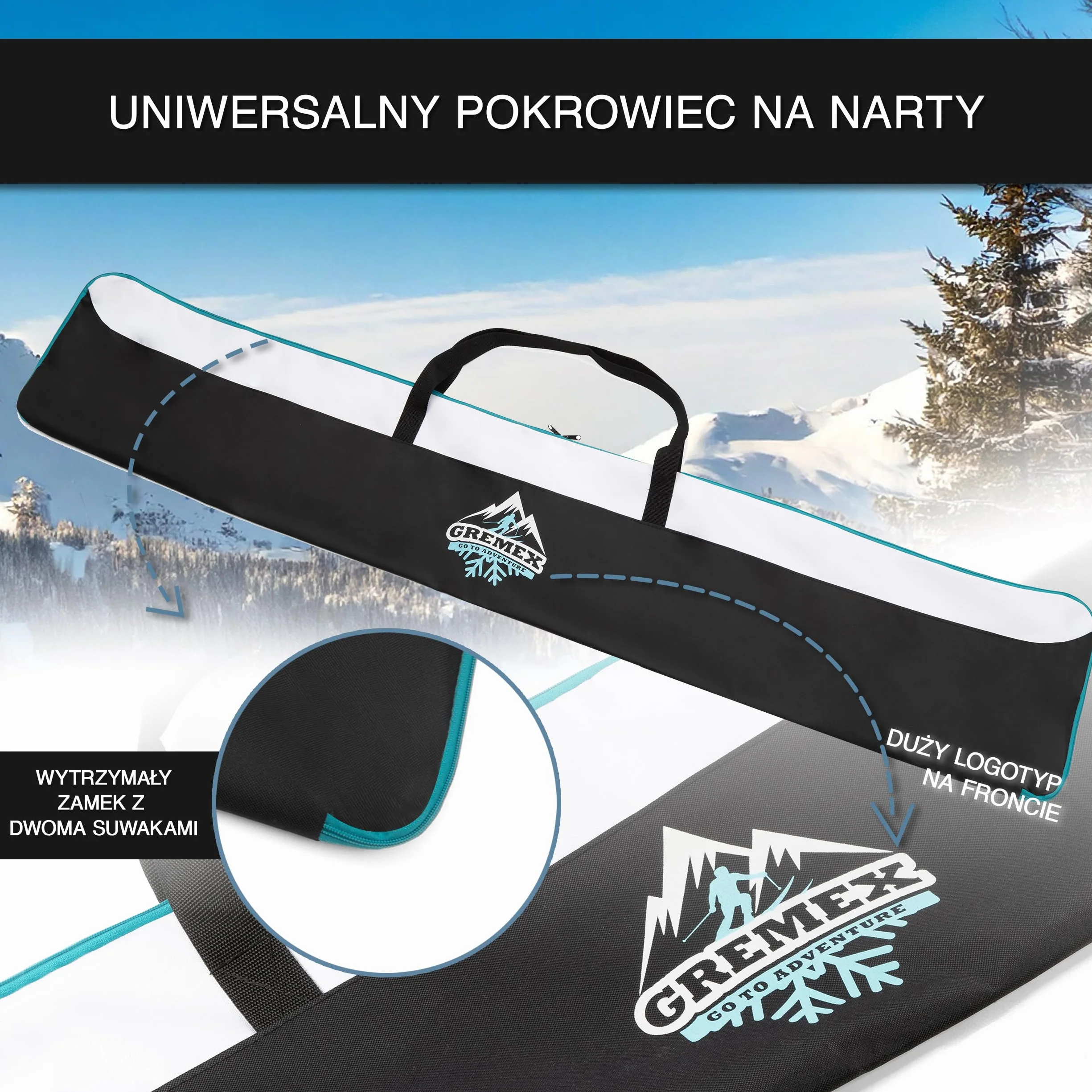 Torba na narty Gremex - Pokrowiec na 1 parę nart - Wodoodporna torba na narty - Wytrzymała, lekka torba na narty - Ergonomiczny pokrowiec na narty - Pokrowiec na narty alpejskie