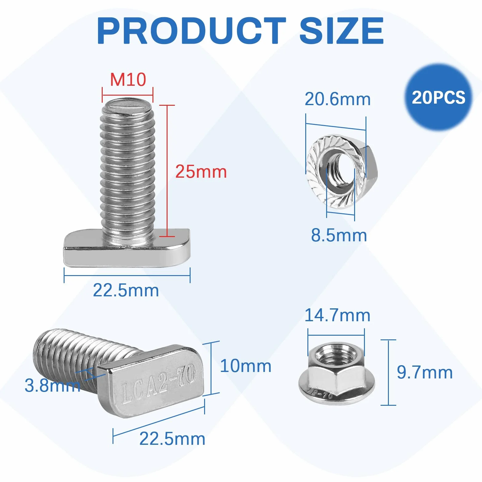 EXLECO 20 x śruba z łbem młotkowym M10 x 25 mm, ze stali nierdzewnej, z pudełkiem z tworzywa sztucznego, śruba ze stali nierdzewnej, mocowanie z nakrętkami kołnierzowymi do szyn T, szklarni, szyn