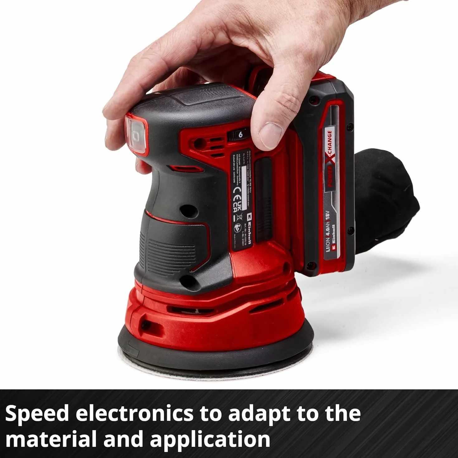 Einhell Akumulatorowa szlifierka mimośrodowa TE-RS 18 Li Solo Power X-Change (Li-ion, 18 V, tarcza szlifierska Ø 125 mm, uchwyt Softgrip, w tym 1 x papier ścierny, bez akumulatora i ładowarki)