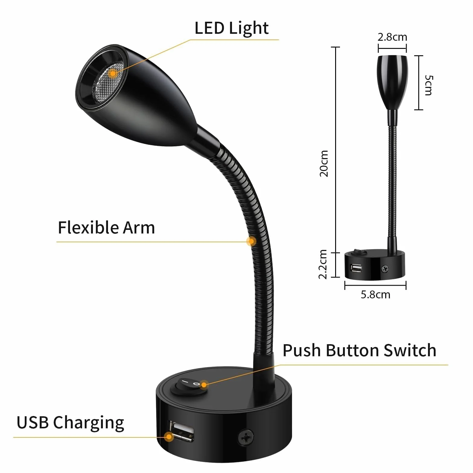 ERWEY 2er LED Lampa do czytania 12V Camper, 3W 3000K Lampa ścienna Lampa Łóżkowa z elastyczną gęsią szyją i portem ładowania USB DC12-24V Spot do łodzi, jachtu, vana oświetlenie wnętrza, czarny