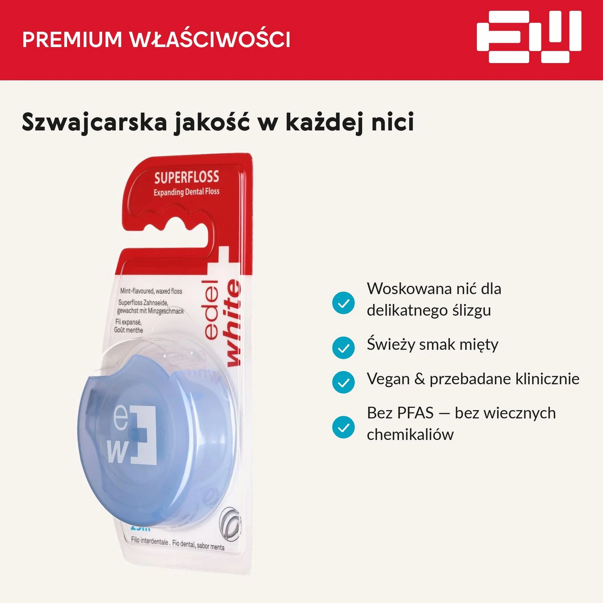 edel+white Expanding Superfloss 25 m w blistrze I nić dentystyczna woskowana, mięta, środek do czyszczenia przestrzeni międzyzębowych dla dokładnej higieny jamy ustnej