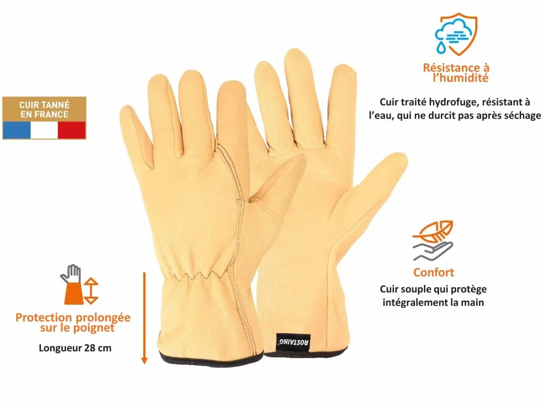 Rostaing TRADITION-IT09 Gants de Jardinage 100% Cuir Tanné En France Hydrofuge Grande Longueur Tradition Taille 09 rękawiczki, beżowe, 9